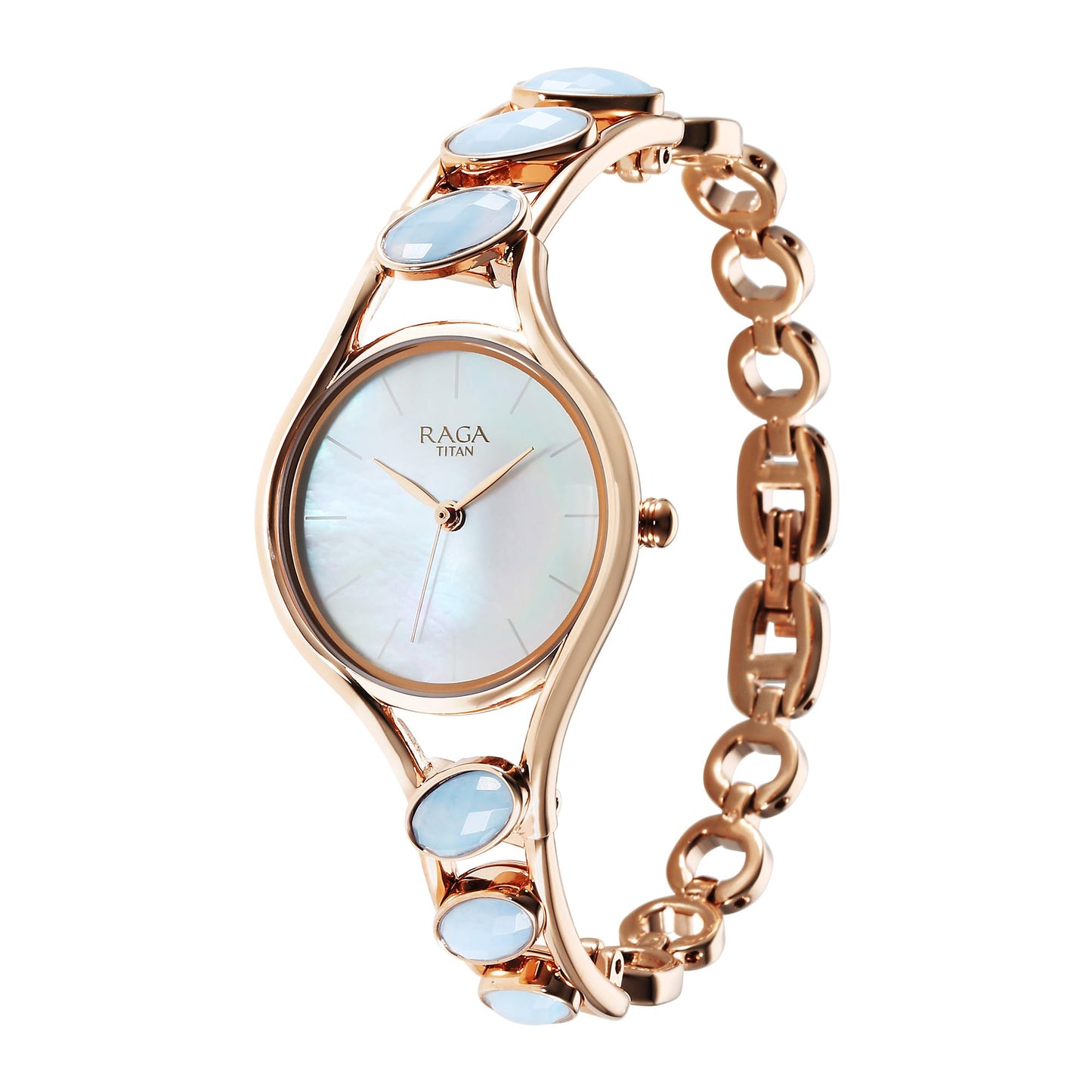 Titan Raga New You Quartz Analog Mother of Pearl Dial Blue Chalcedony Stone Strap Watch for Women-NS95190WM02