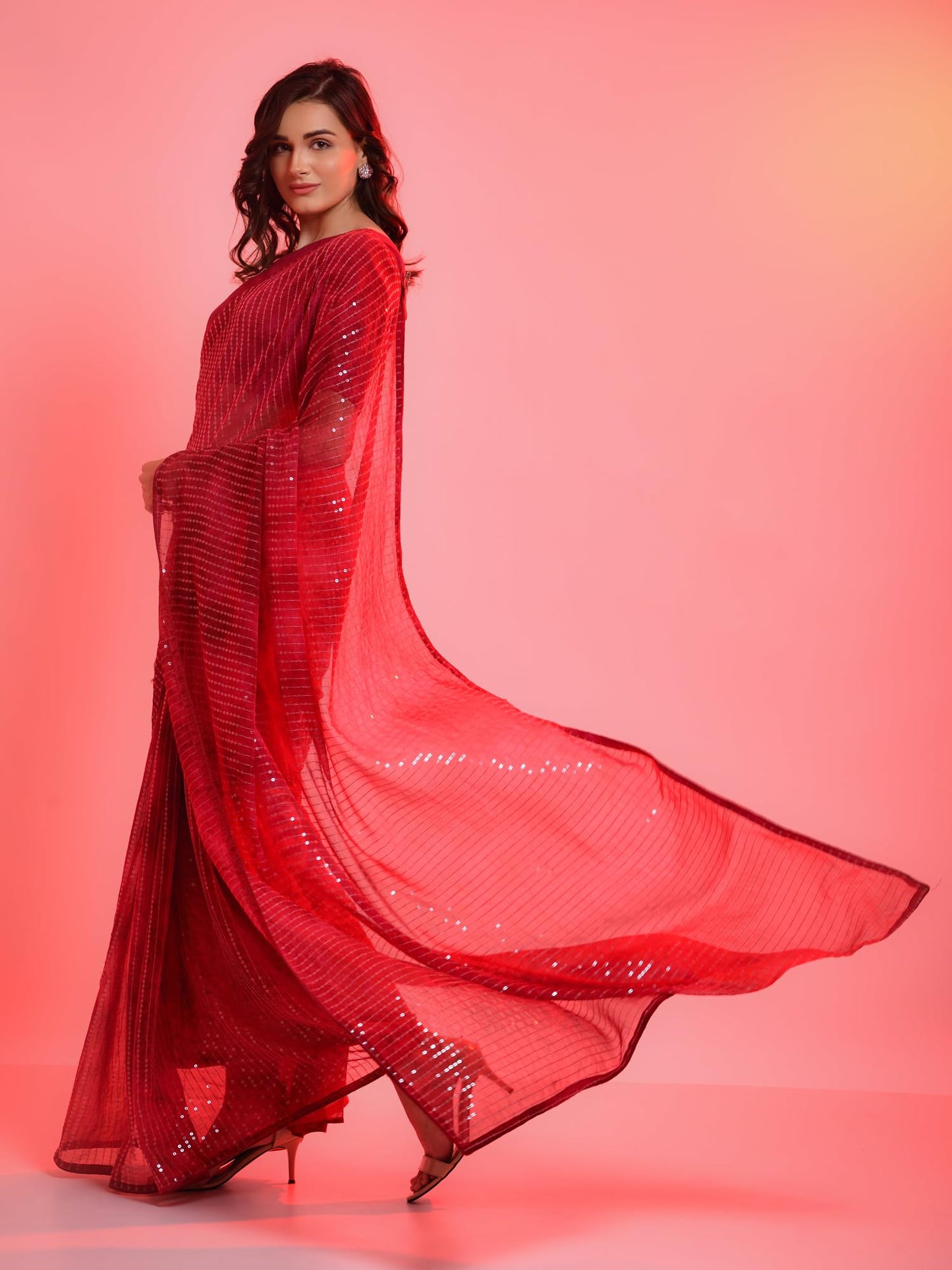 AKHILAM Women's Embellished Sequins Georgette Saree With Unstitched Blouse Piece (Red_PRIZAM153_VP)