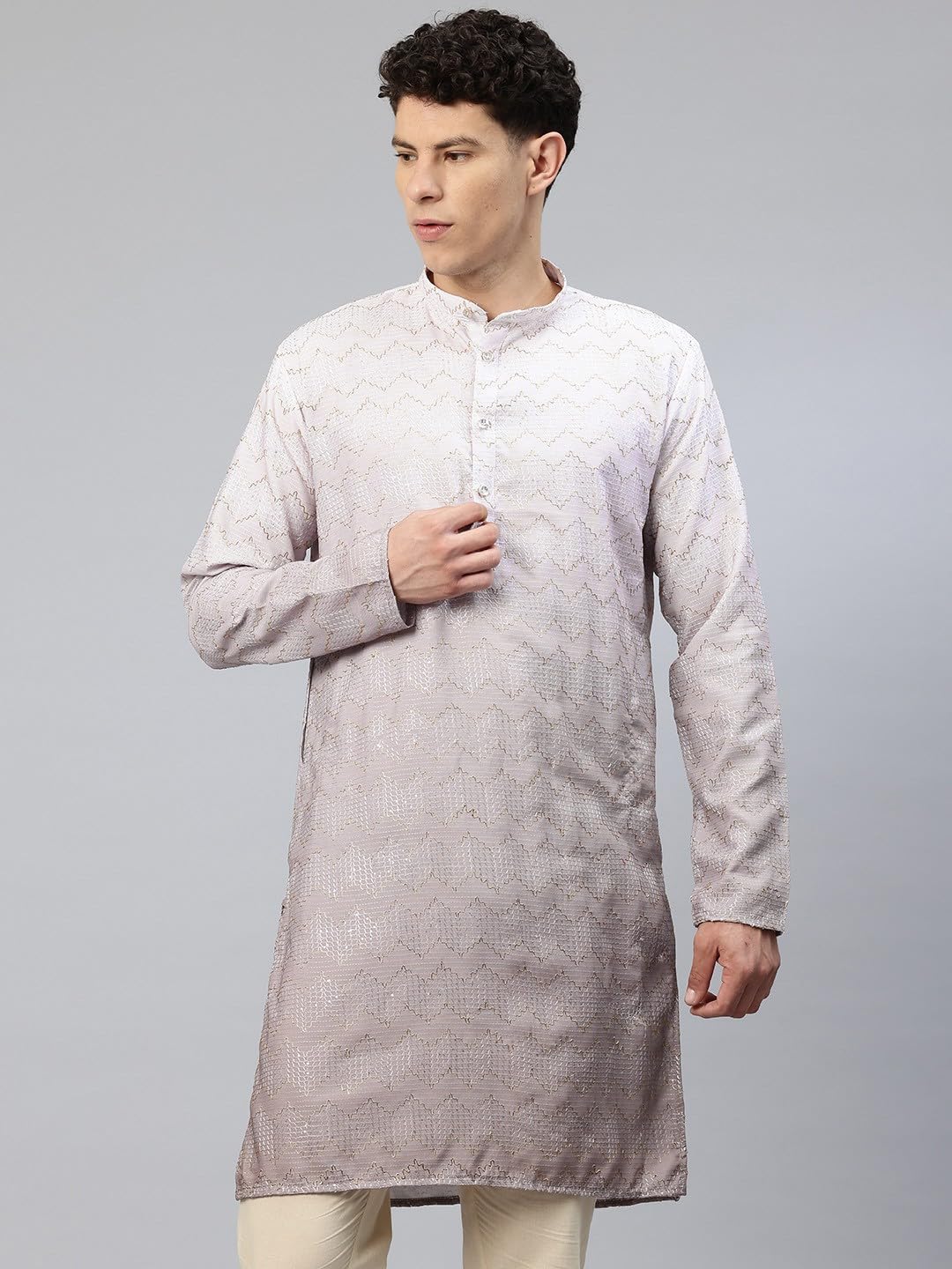 Luxrio Men's Ombre Shaded Sequence Self Embroidered Textured Long Kurta Full Sleeves Beige Size XXL