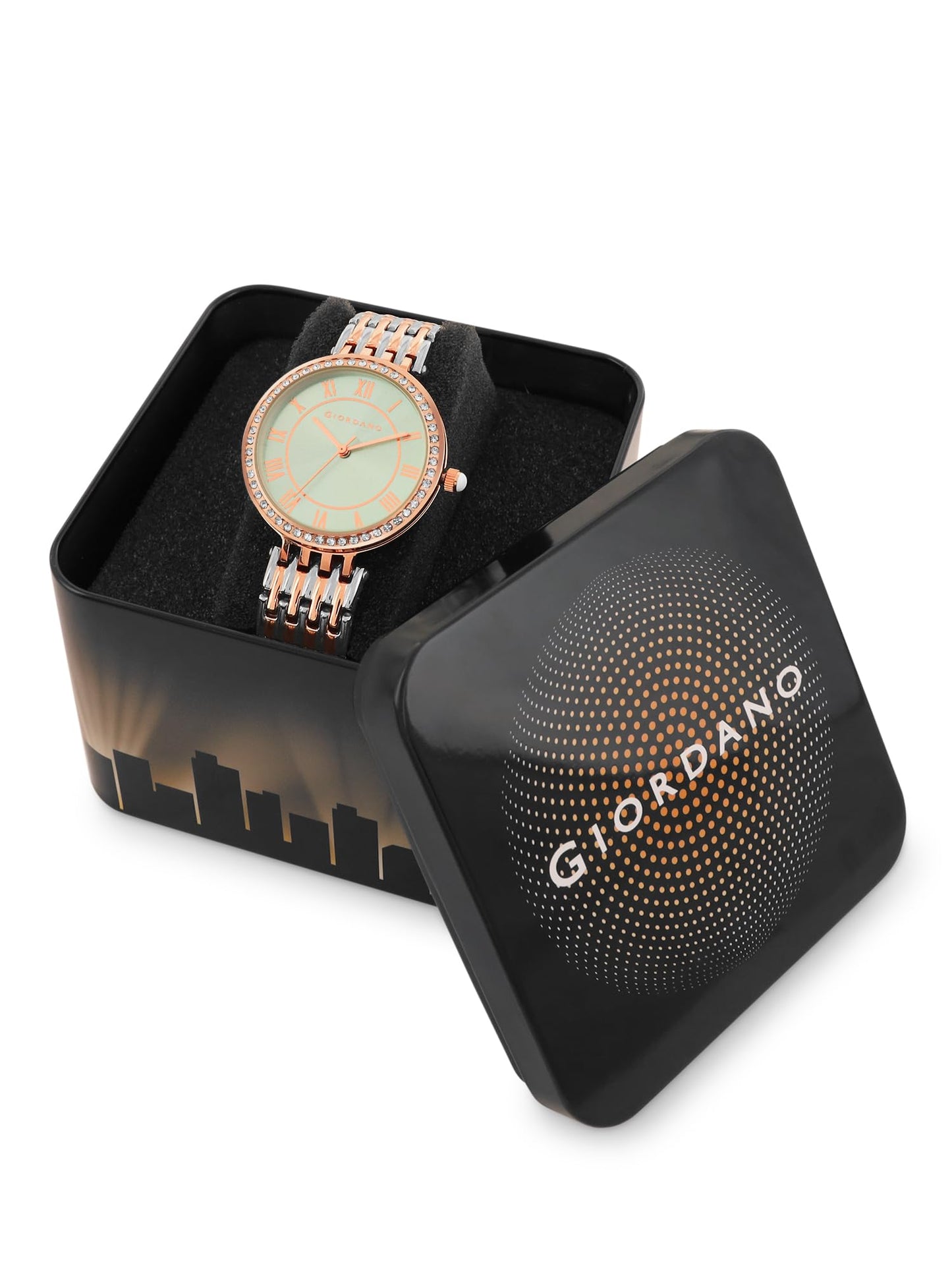 Giordano Eleganza Collection Watch for Women with Stainless Steel Strap and Crystal Embellished Bezel, Roman Numerals