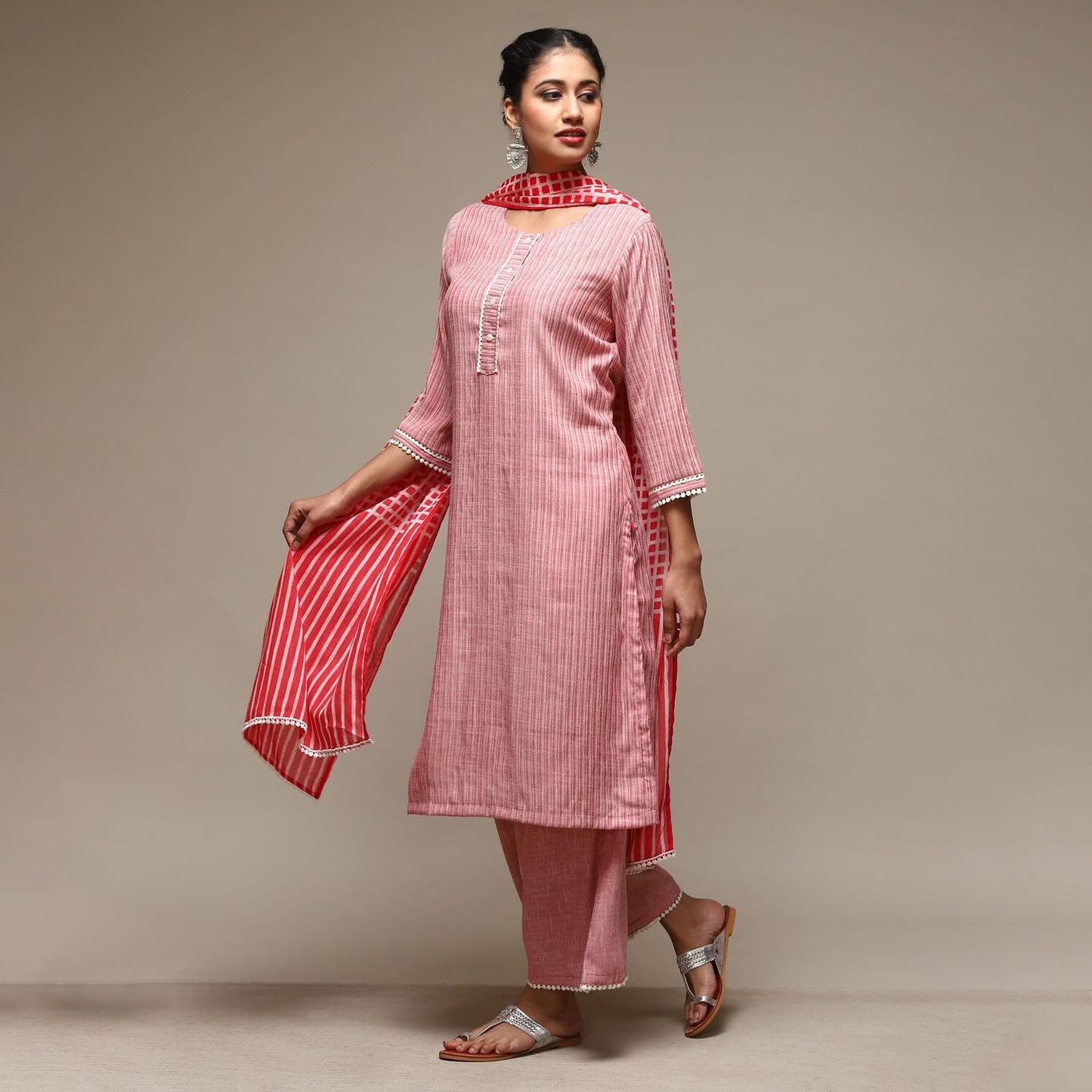 BIBA Women Cotton Yarndyed Straight Salwar Kurta Dupatta(SKD7508E_RED_36), Large