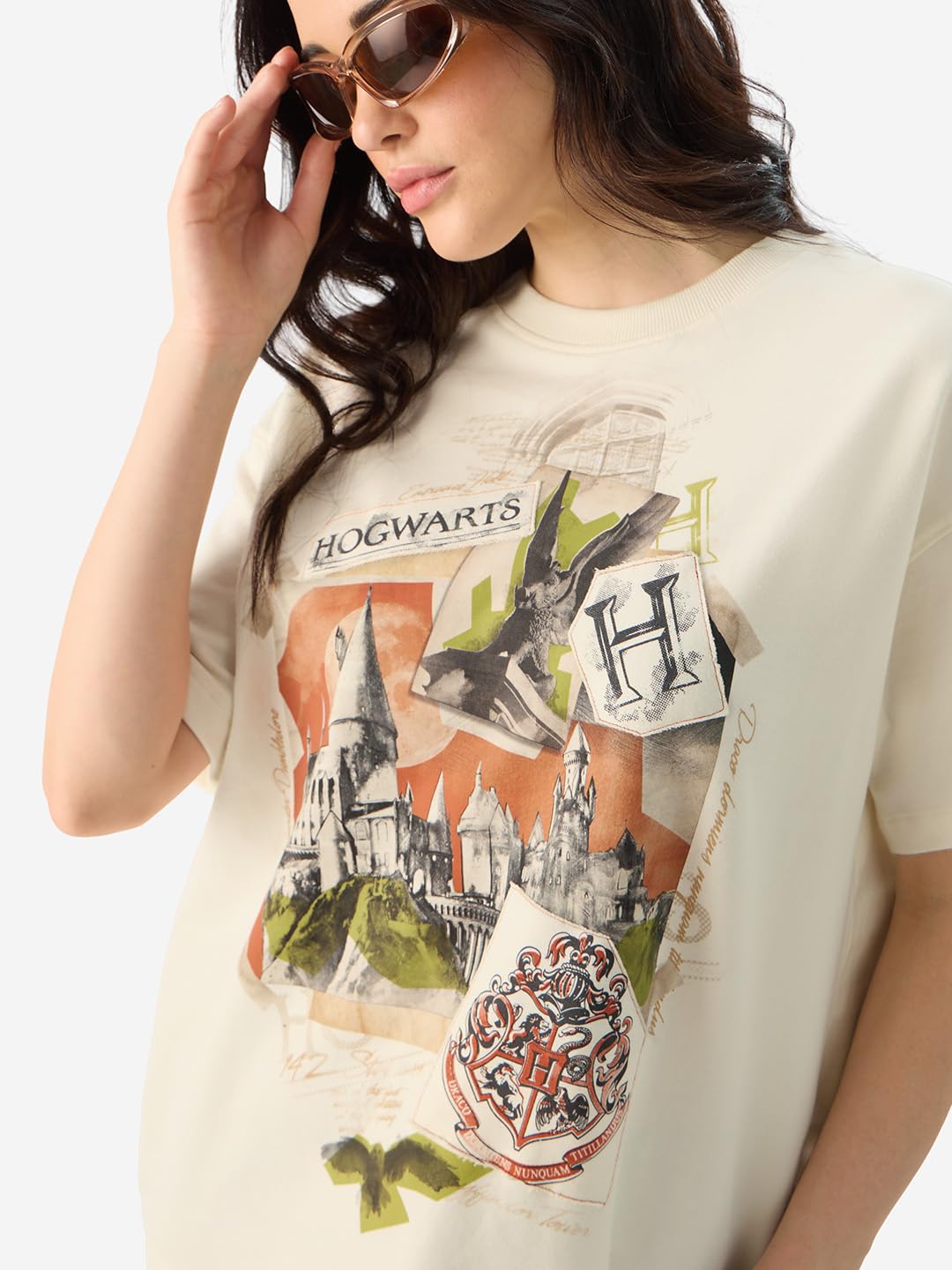 The Souled Store Official Harry Potter: Hogwarts Women and Girls Short Sleeve Round Neck Off White Graphic Printed Cotton Oversized T-Shirts