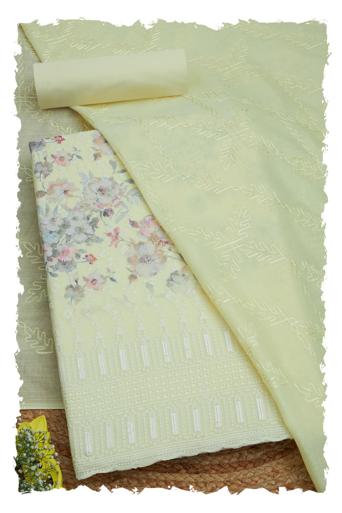 Soch Womens Yellow Cotton Floral Print Unstitched Dress Material With Thread Work