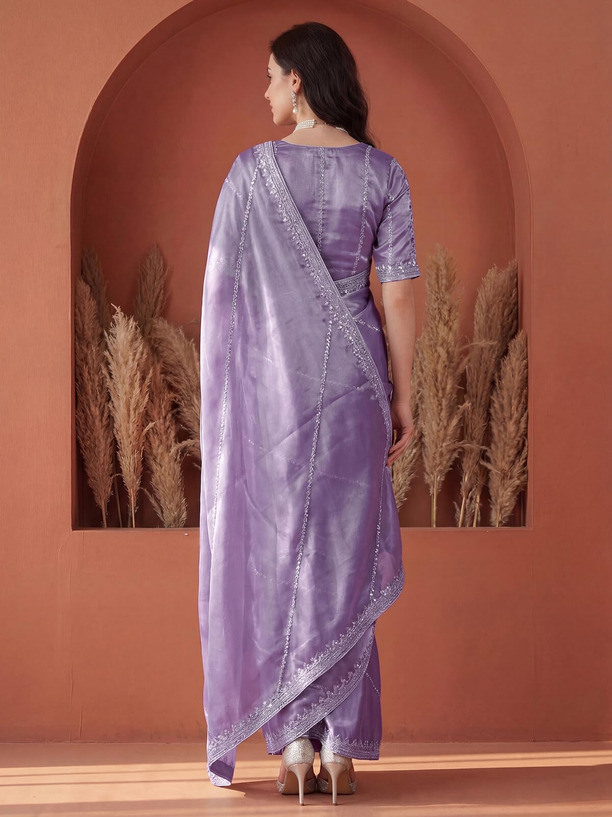 SIRIL Women's Tissue Silk Sequin Embroidery Saree with Unstitched Blouse Piece (4472S111A_Dusty Light Purple)