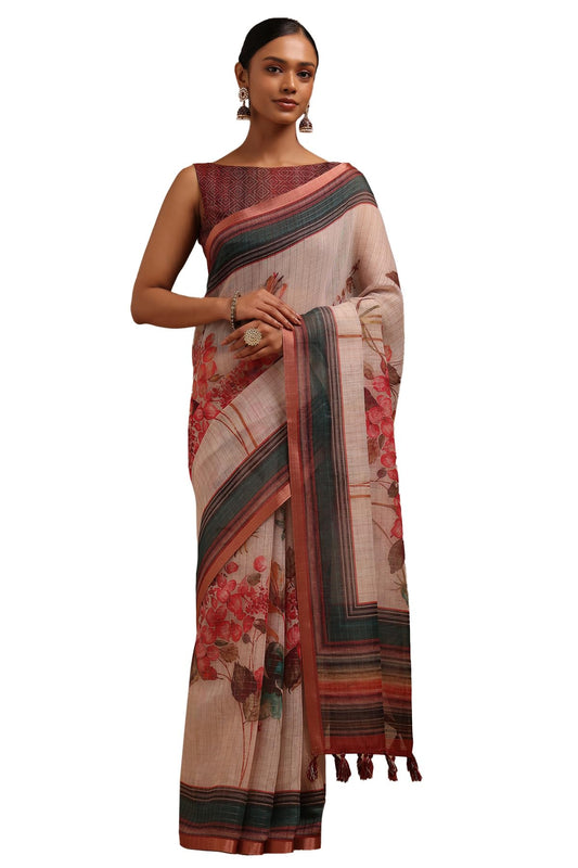 Soch Womens Beige Linen Botanical Print Saree