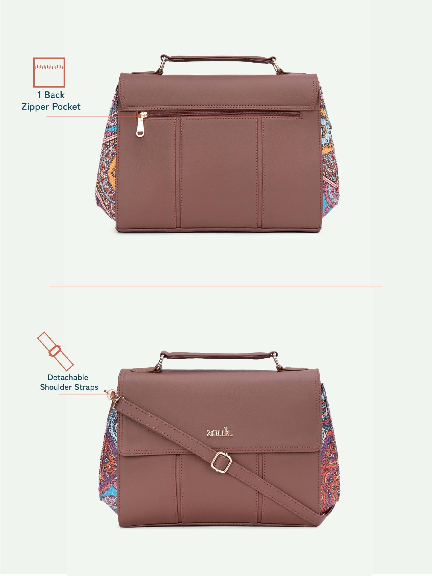 ZOUK Multicolor Mandala Print Rhea Kapoor Satchel Bag | Elegant Vegan Leather Handbag for Women | Mandala