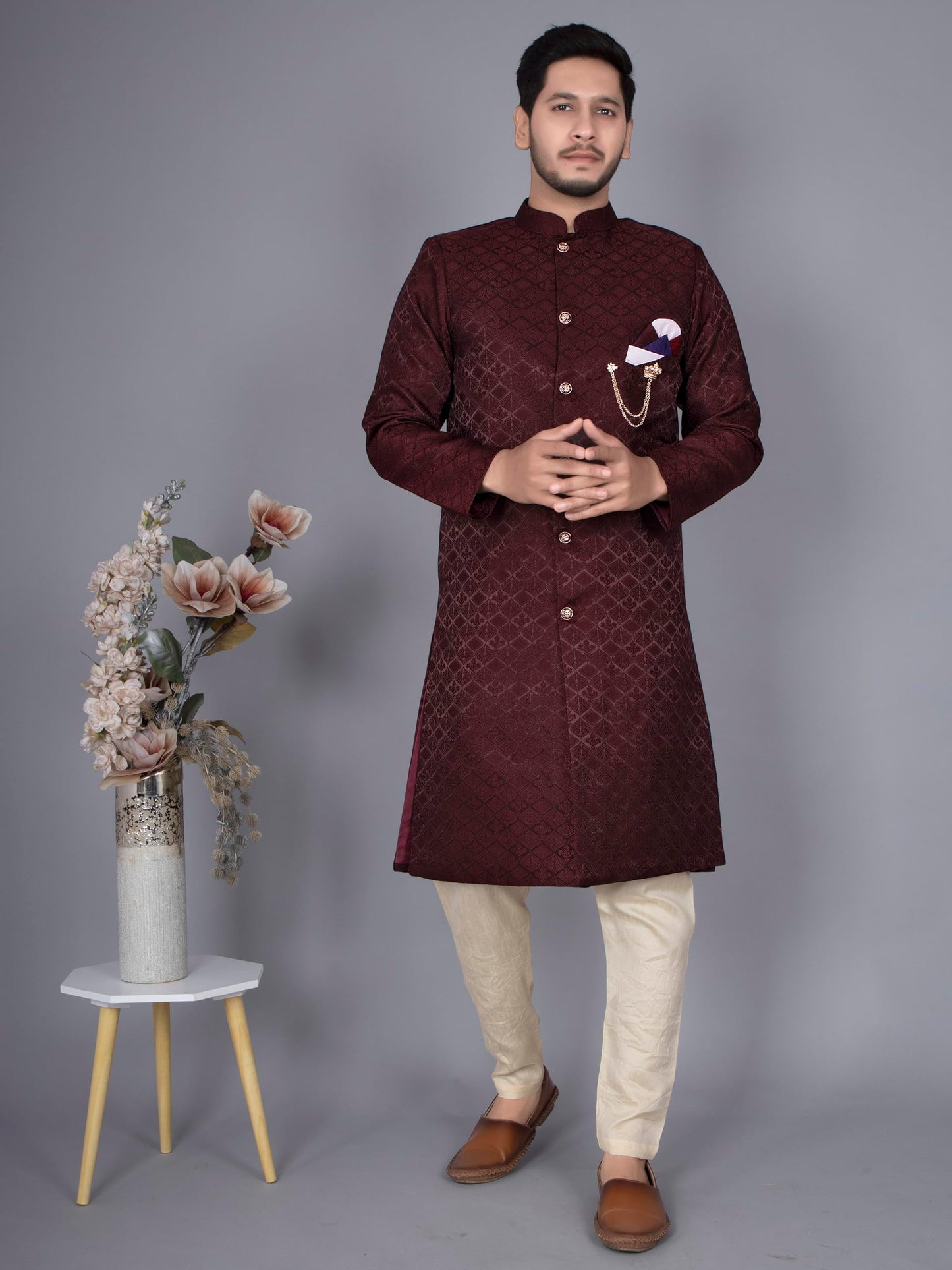 XEPON Indo Western Sherwani Set For Men (L, Maroon)