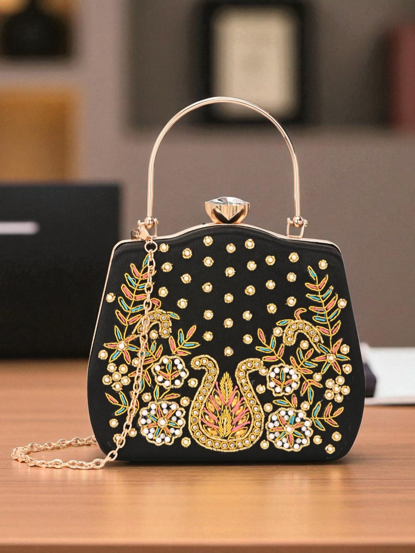 TOOBA Handicraft Beautiful Bling Box Clutch Bag Purse for Bridal, Wedding Bag for Women & Girls Black