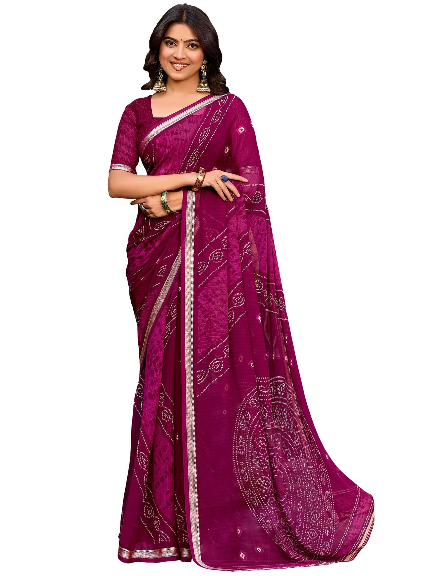 AKHILAM Women's Wine Chiffon Bandhani Print Zari Work Saree With Unstitched Blouse Piece | saree for woman | Designer Saree for Women | Soft and Skin Friendly (BNARSIYA1293_SR)