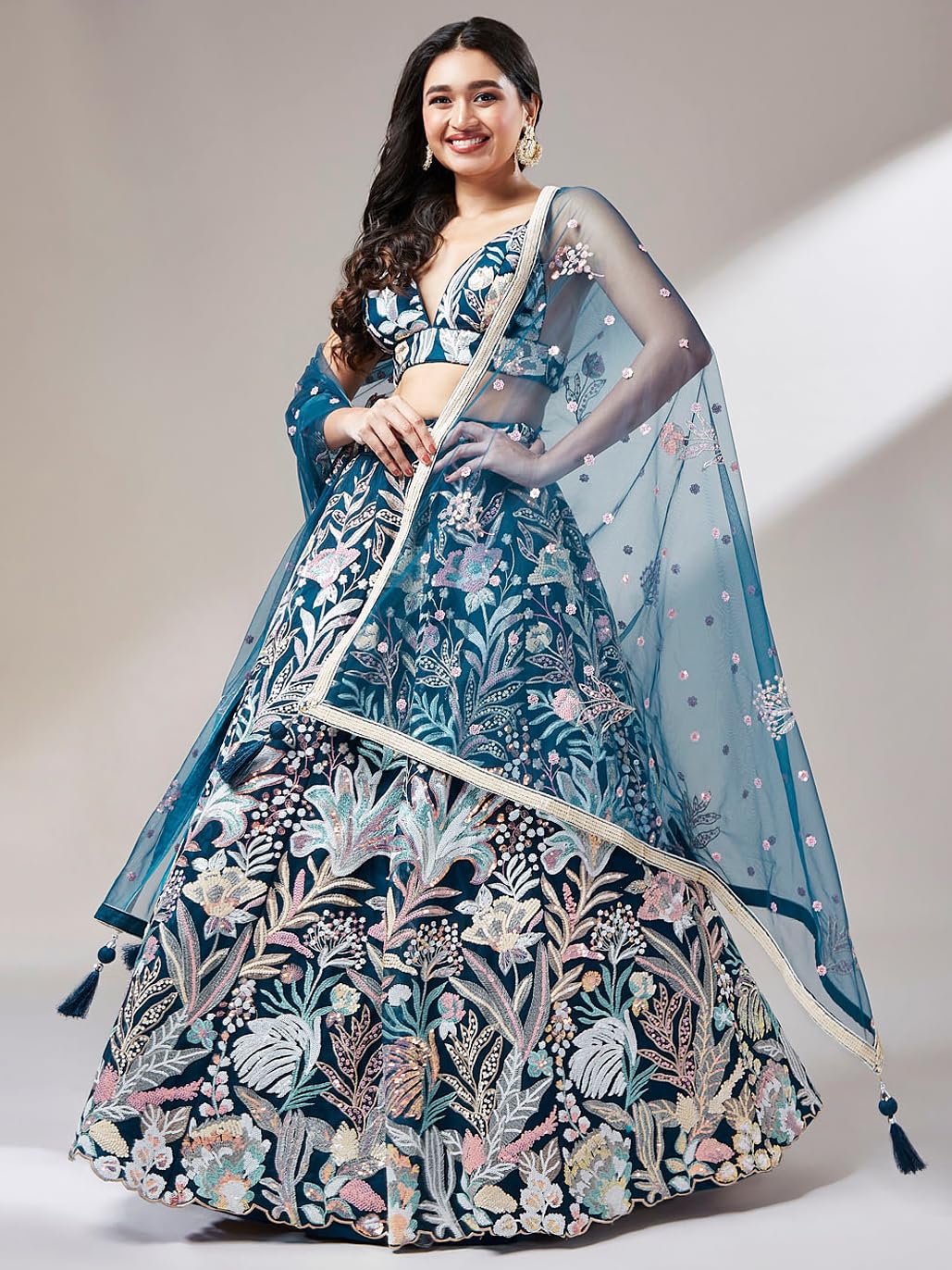 Zeel Clothing Women's Sequins Embroidered Fabric Soft Net Lehenga Choli With Dupatta (6032-Blue-Wedding-Stylish-Lehenga-Choli-Latest; Free Size), Customizable Length