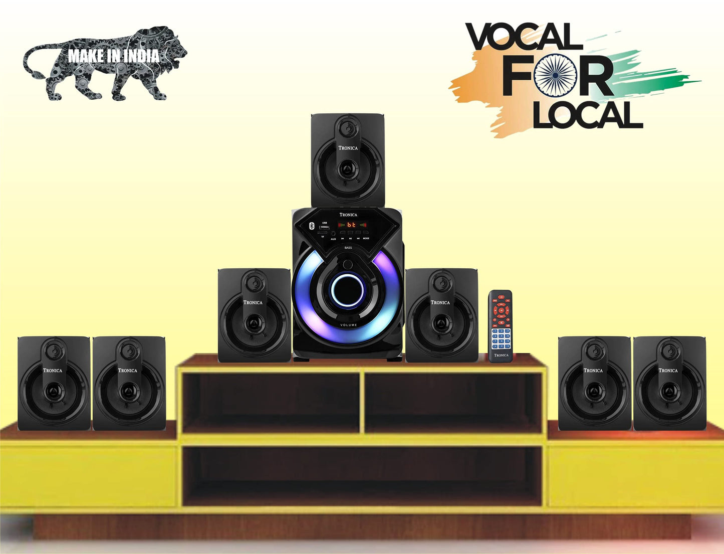 TRONICA Series 7.1 Channel Home Theatre System � Bluetooth, USB,FM, SD, RCA Inputs,AUX, LED TV Supported 4 Inch Active Subwoofer, 3� Passive Radiator, Vivid Lights, Wireless Remote