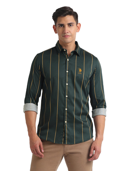 U.S. POLO ASSN. Men's Cotton Striped Slim Fit Shirt (UDSHT1142_Green, Large