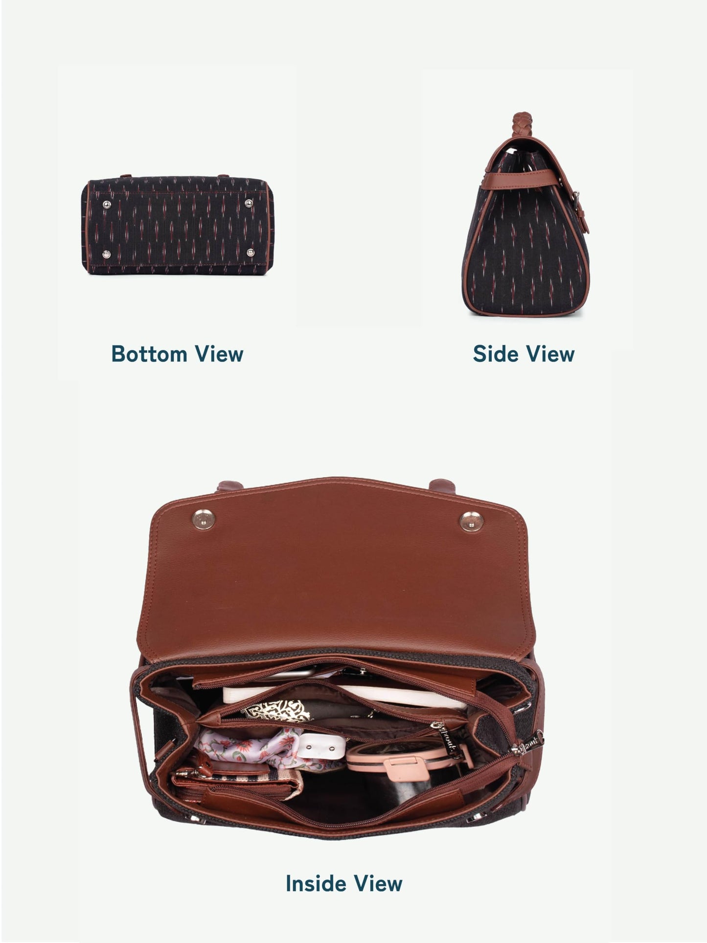 ZOUK Konkona Heritage Satchel Bag - Ikat GreRed | Jute | Vegan Leather Handcrafted With Detachable Sling Strap| Black and Red