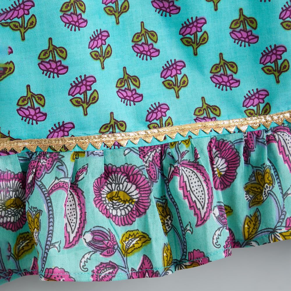 Hopscotch Hoscotch Girls Floral Blue Sleeveless 2 Piece Groove & Flow Cotton Lehenga Choli Set For Ages (5-6 Years)