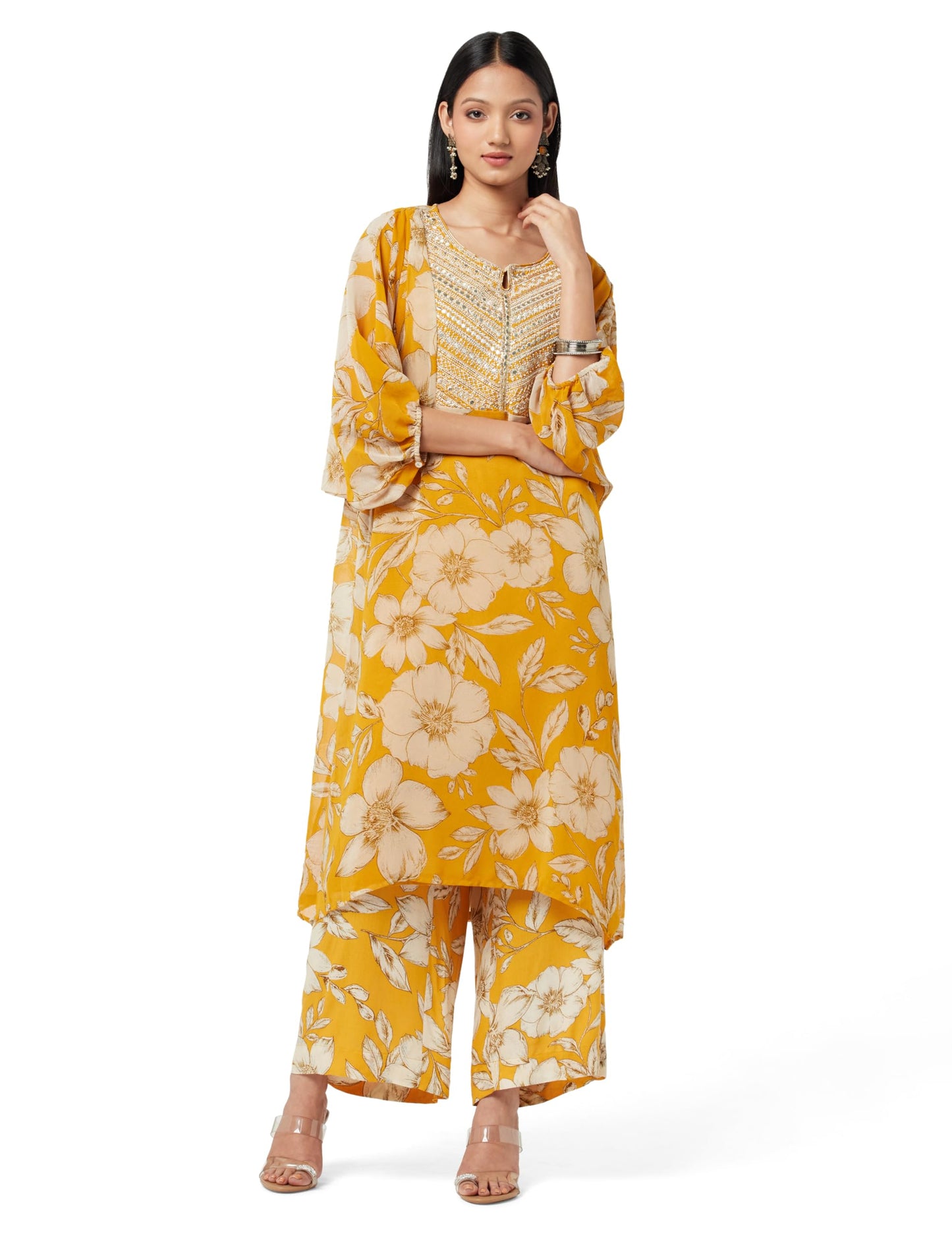 BIBA Women's Cotton Printed Straight Mix & Match (Whimsica2114_Yellow_32, Suit Set)