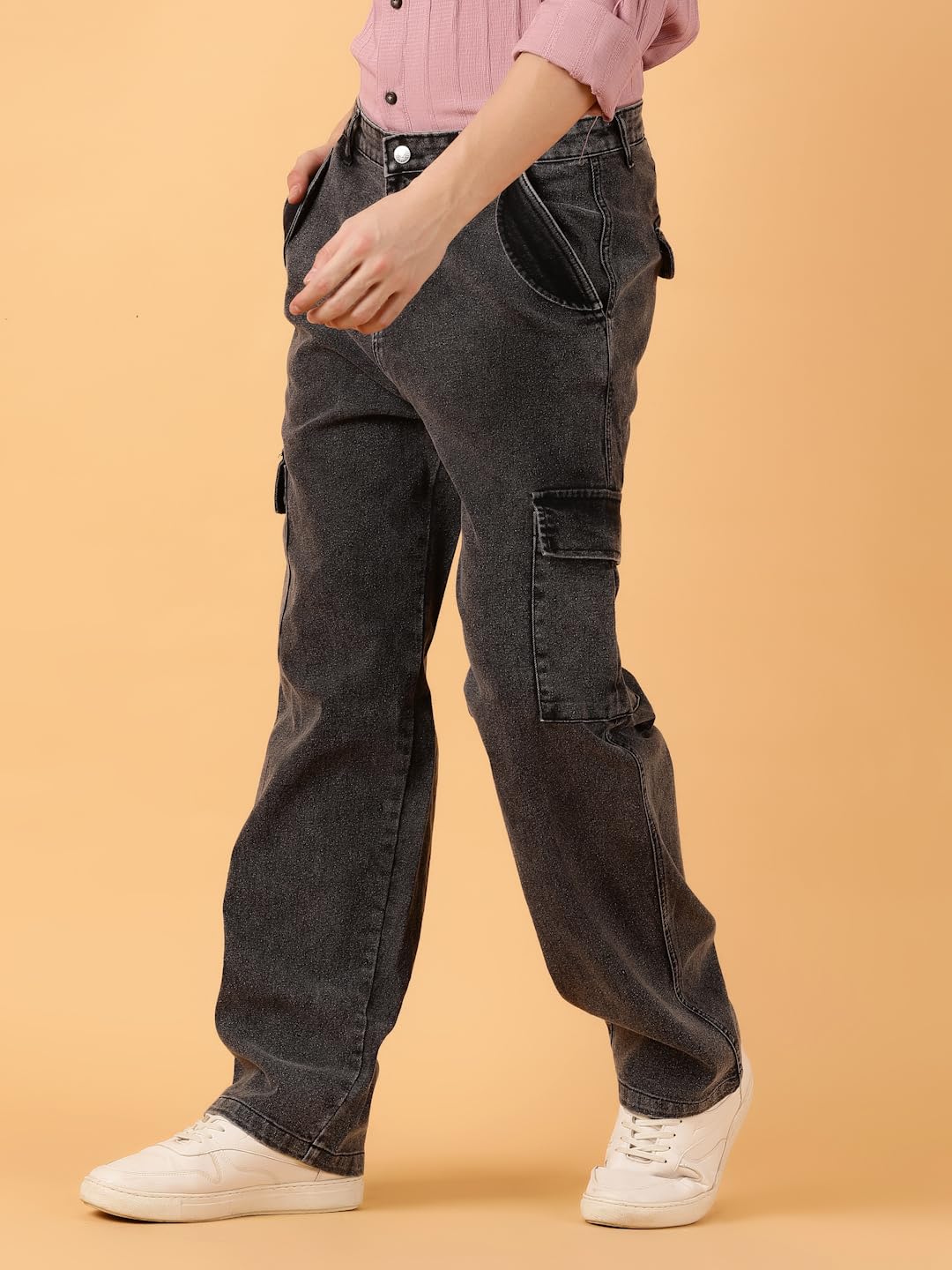 KOTTY Men's Solid Straight Fit Comfortable Cargo Jeans(Grey,32)