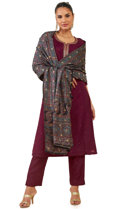 Soch Women Maroon Silk Blend Embellished Suit Set(8907715950458_Maroon_S)