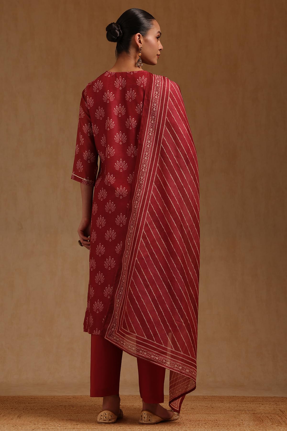Soch Womens Brick Red Chanderi Floral Printed Salwar Suit With Zari