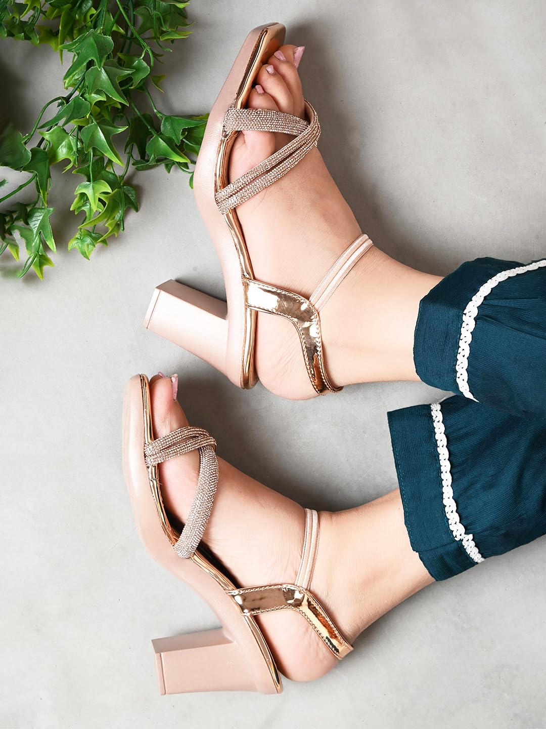 XE Looks Women's Gold Elegant Block Heels | Cross-Strap Sandals for Women | Stylish with Glossy Finish Comfortable Block Heels For Girls & Women