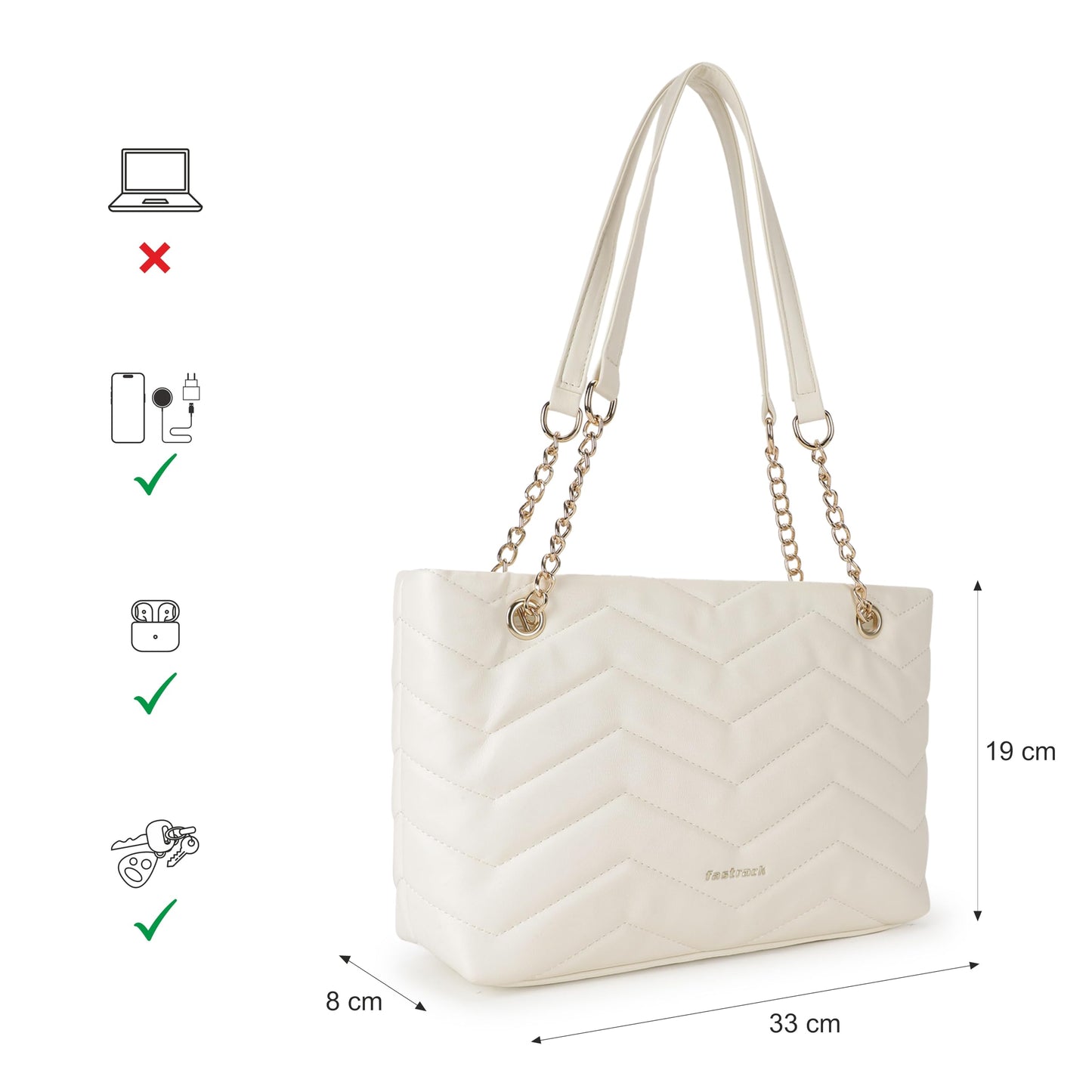 Fastrack Trendy Chevron Quilted Shoulder Bag | Faux-Leather Women's Handbags | Shoulder For Casual Carry, White