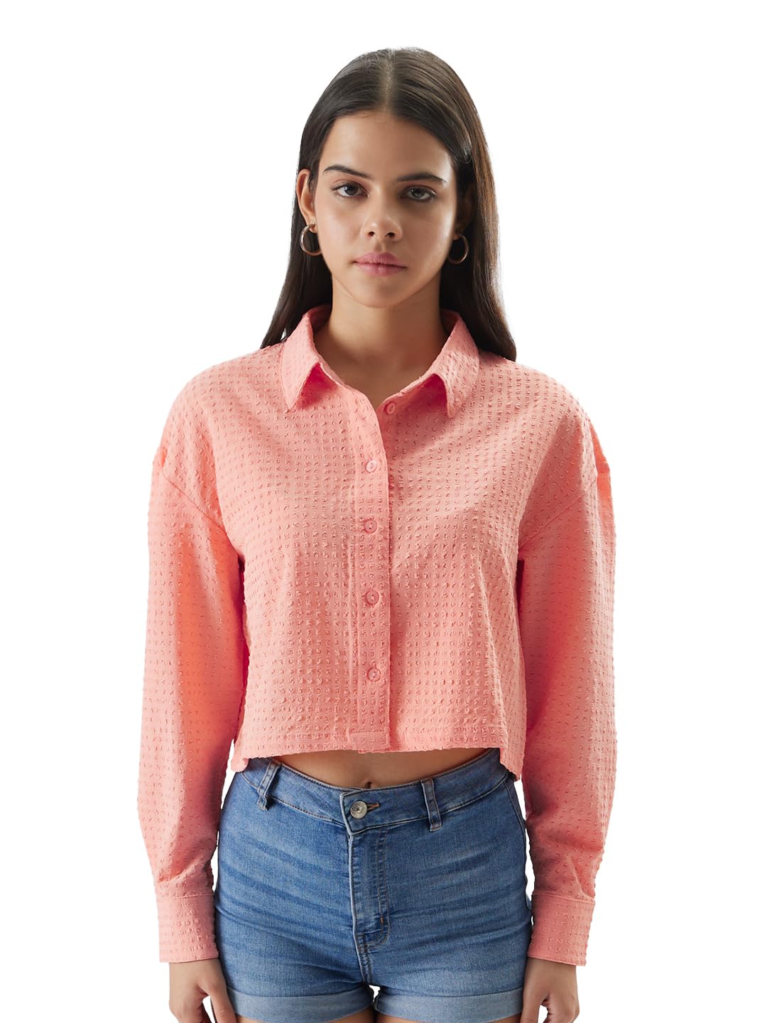 The Souled Store Original Solids: Peach Cotton Cropped Shirts for Women Cropped Shirts Fashionable Trendy Graphic Prints Pop Culture Merchandise Shirts Casual Button-Down Half Sleeve Printed Graphic