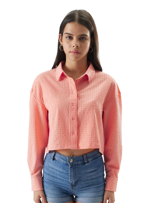 The Souled Store Original Solids: Peach Cotton Cropped Shirts for Women Cropped Shirts Fashionable Trendy Graphic Prints Pop Culture Merchandise Shirts Casual Button-Down Half Sleeve Printed Graphic