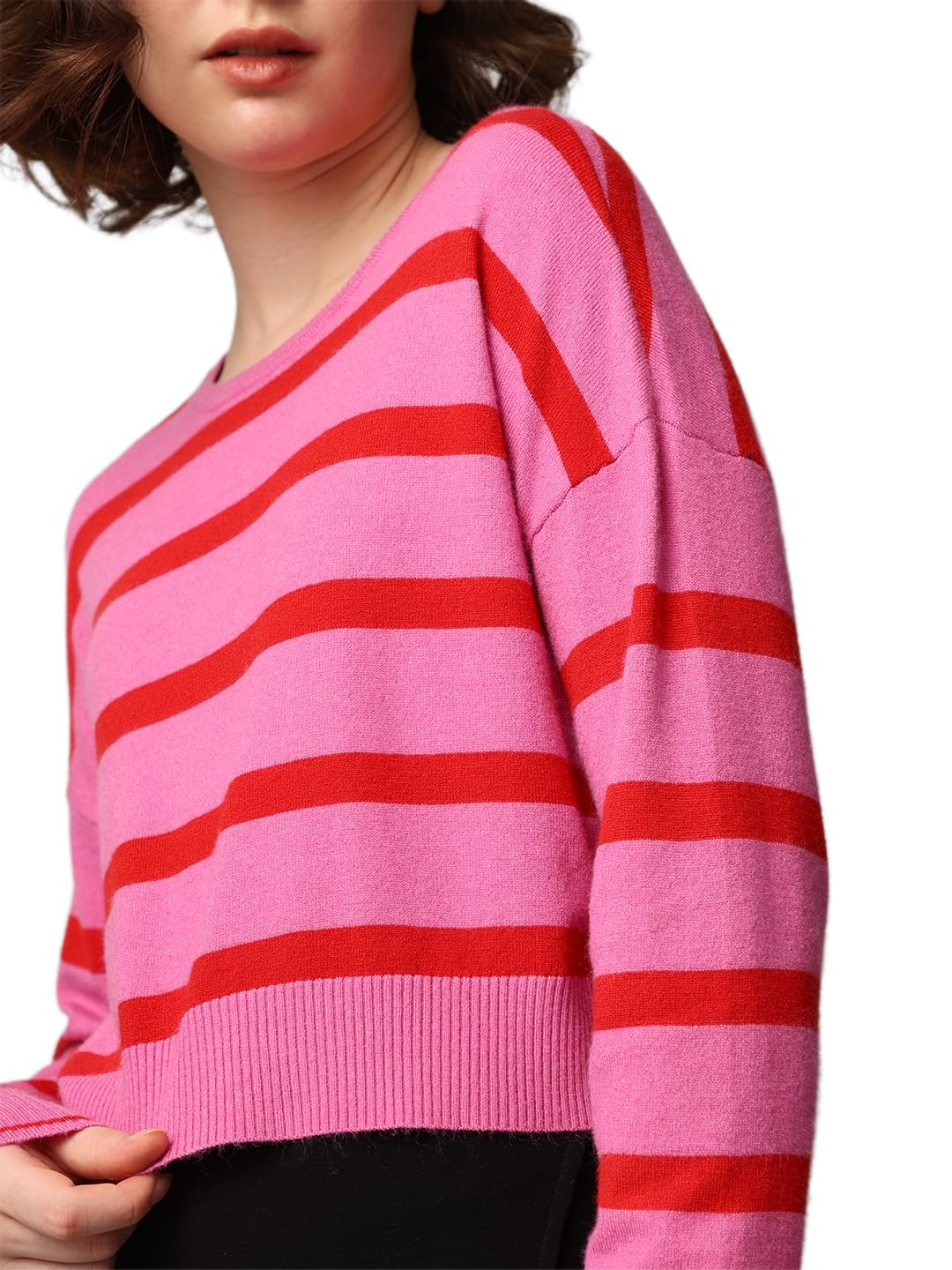 ONLY Women Striped Viscose Blend Pink Pullover Sweater