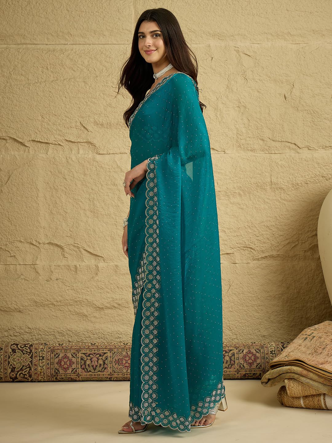 AKHILAM AKHILAMWomen'sTealblueSatinSilkBeads&StonesWorkScallopedBorderSareeWithUnstitchedBlousePiece|sareeforwoman|DesignerSareeforWomen|Soft and Skin Friendly(VT6074B_VM)