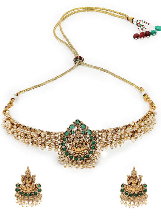 Sukkhi Sparkling Indian Temple Gold Plated Green Beads Choker Necklace Set With Studs Earring | Jewellery Set For Women (NS105622)