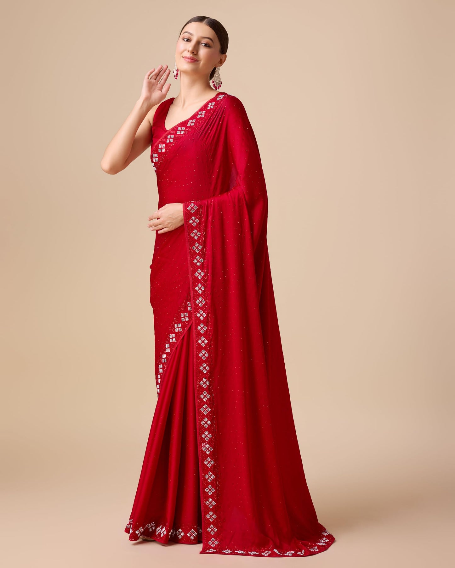 Monjolika Fashion Women's Satin Silk Saree in Red Color with Pearl Swarovski Stone work Comes With Unstitched Blouse Piece