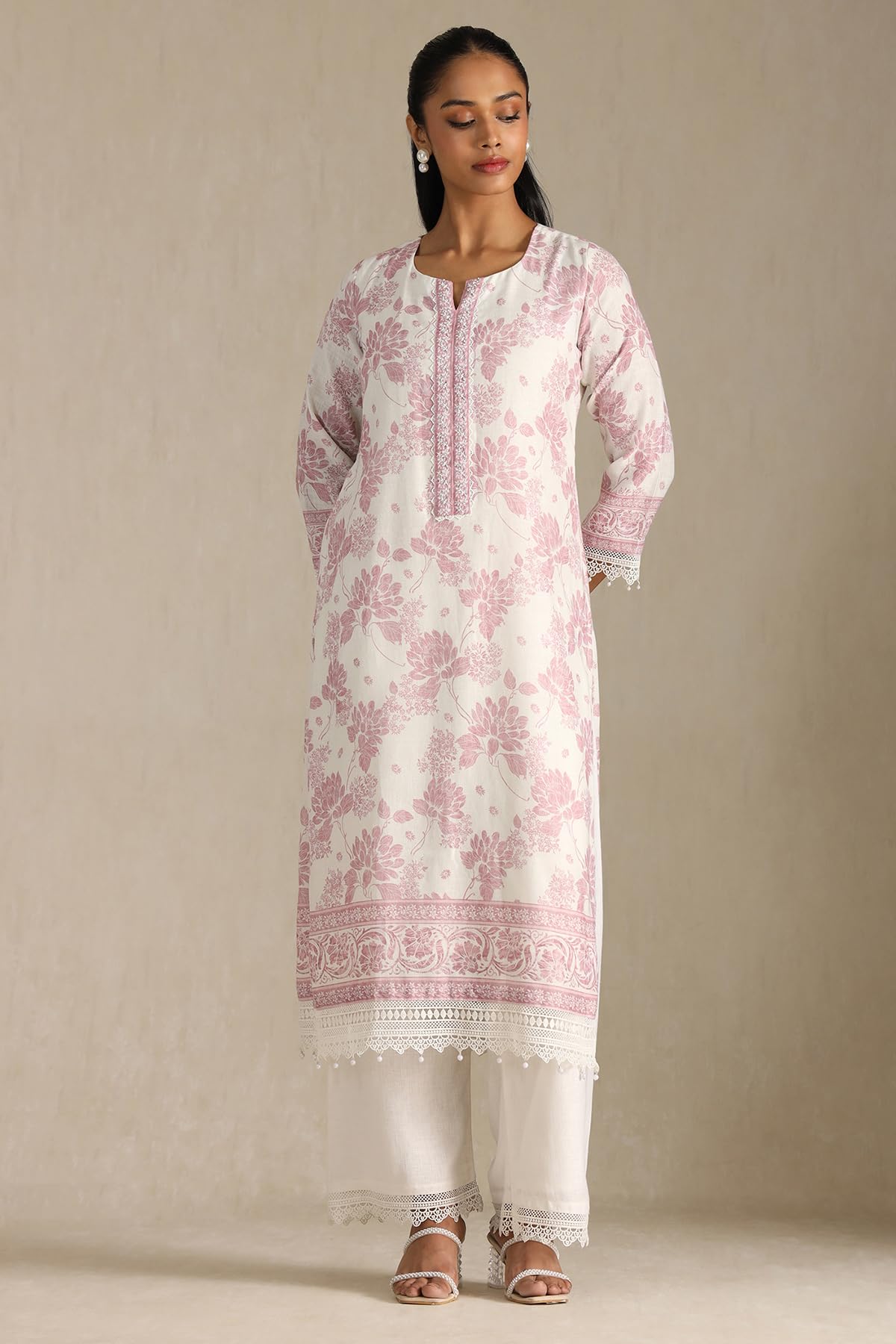 Soch Womens Off White Linen Floral Print Suit Set With Sequins