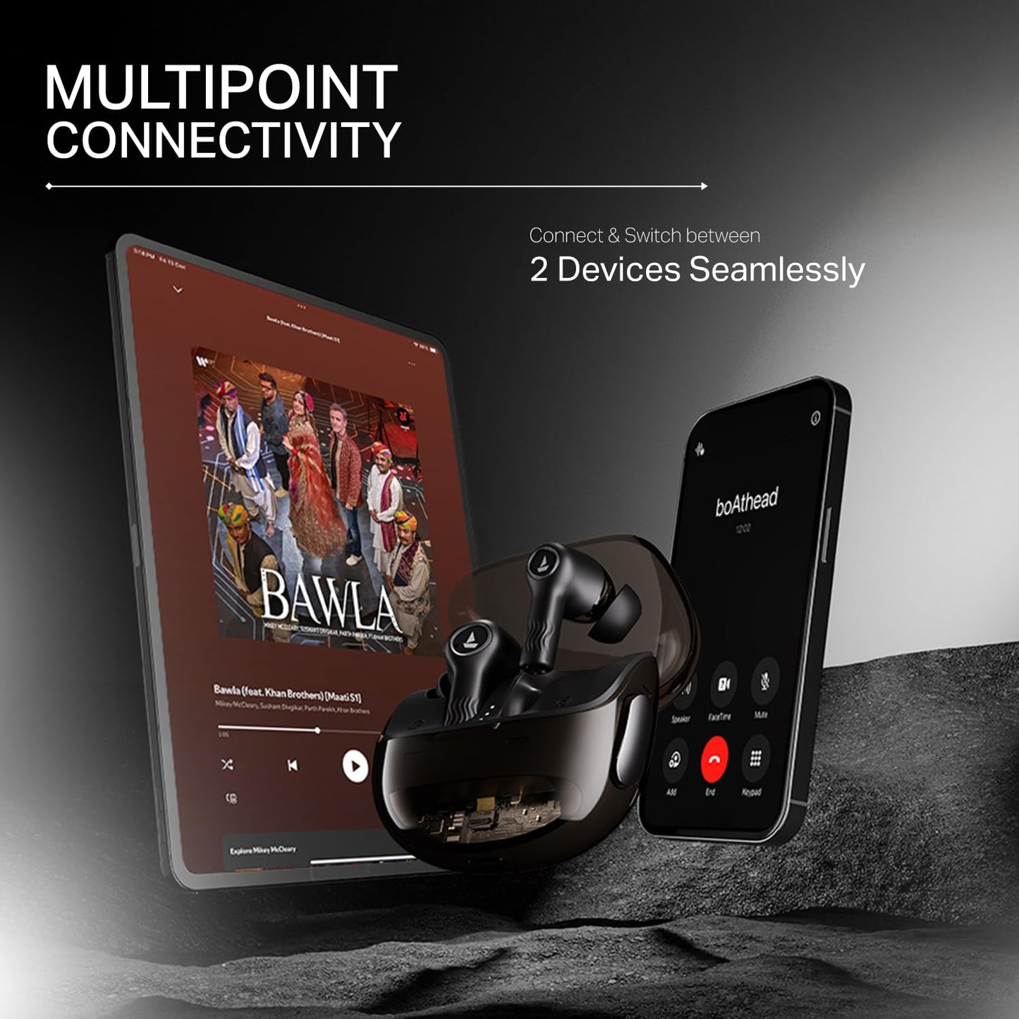 boAt New Launch Nirvana Crystl, Transparent Case,Spatial Audio, ANC(~32dB), 100Hrs Battery,4Mics ENx, Dual Pair,App Support, Bluetooth Earbuds, TWS Ear Buds Wireless Earphones with mic (Quantum Black)