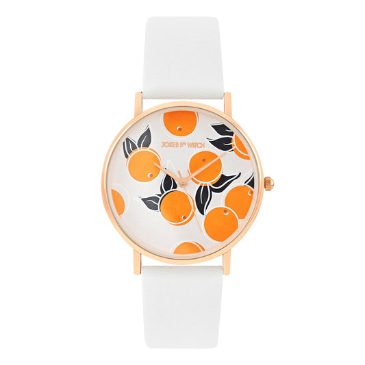 Joker & Witch Leather Women Zesty Orange White Dial Pu Strap Analog Watch, White Band