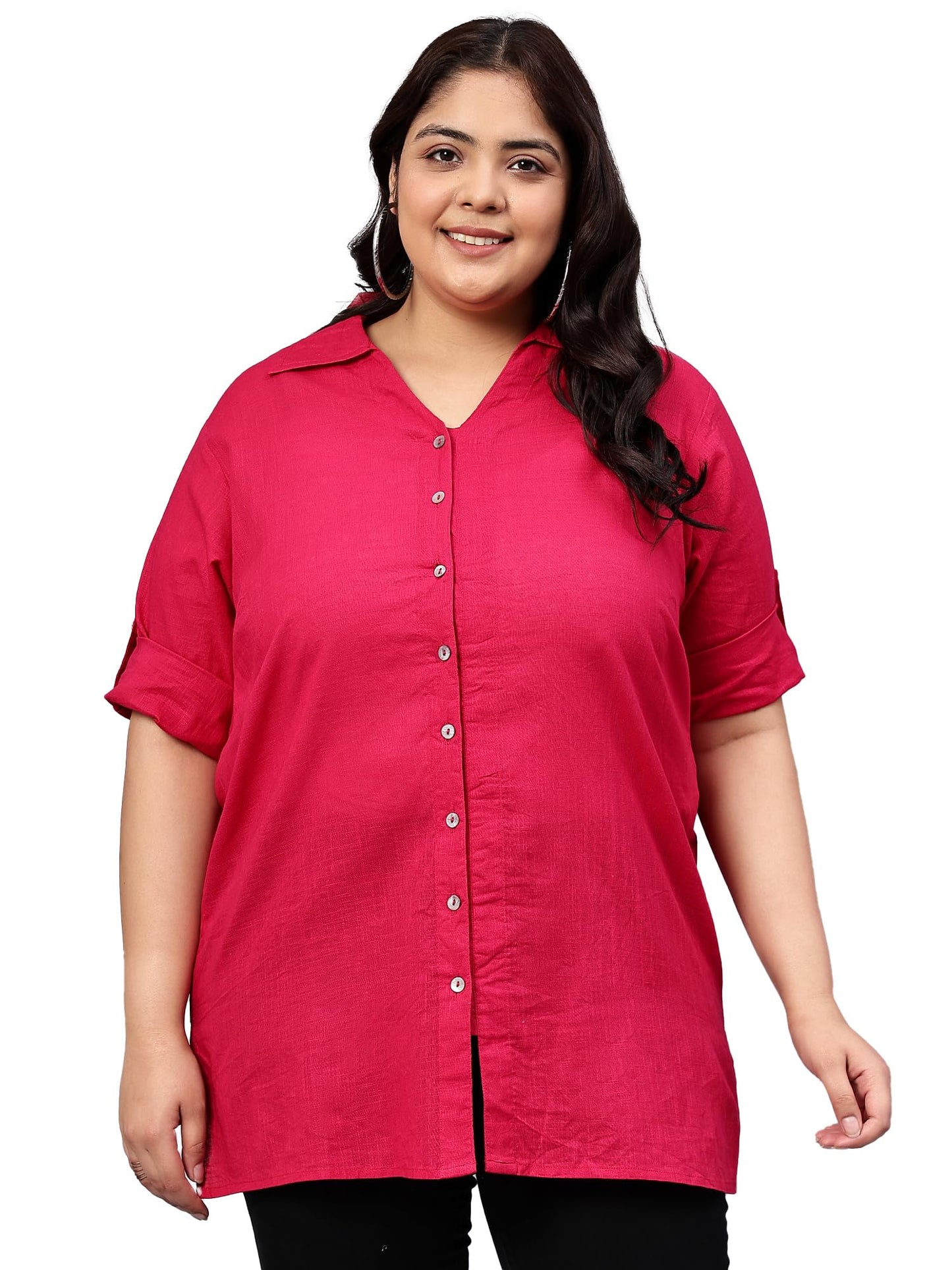 Indietoga Women's Plus Size Cotton Longline Casual Shirt (P10001508_Pink Solid_XL)
