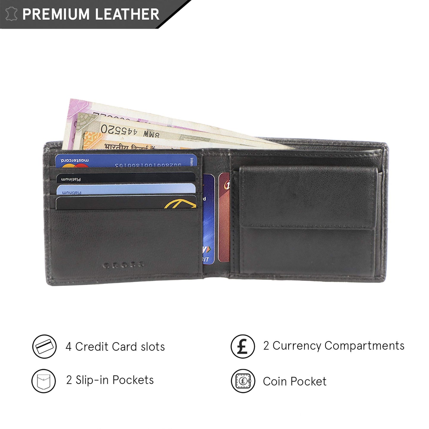Cross Erie Men's Leather Bi Fold Coin Wallet -Black