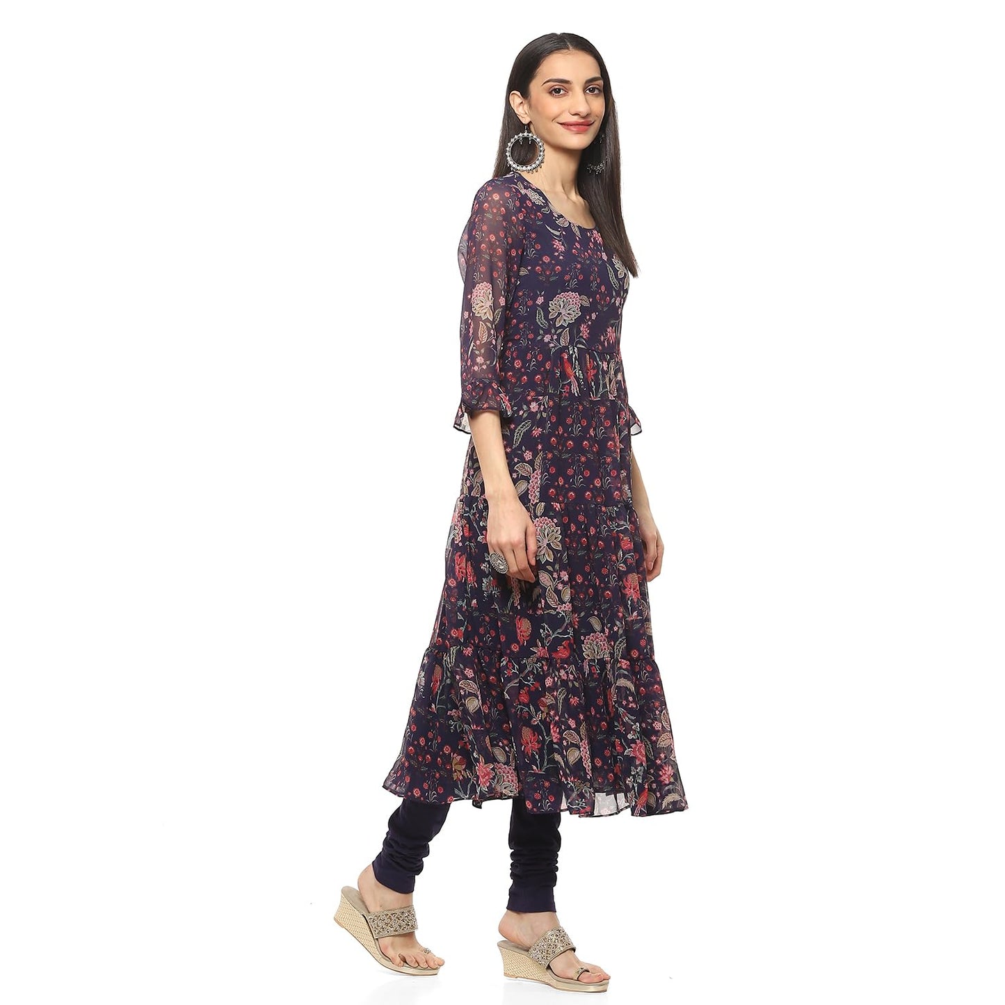 Biba Women Polyester PRINTED ANARKALI SALWAR KURTA DUPATTA(SKD8953_INDIGO_34)