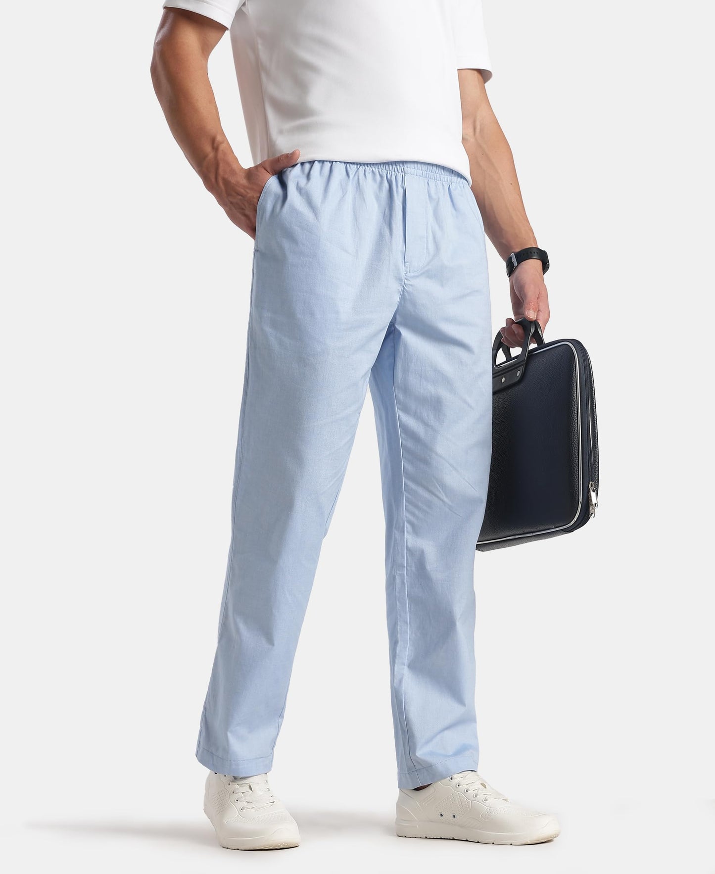 Jockey RM09 Men's Super Combed Cotton Relaxed Fit Pyjama with Side Pockets (Prints & Color May Vary)_Light Blue Chambray_XL