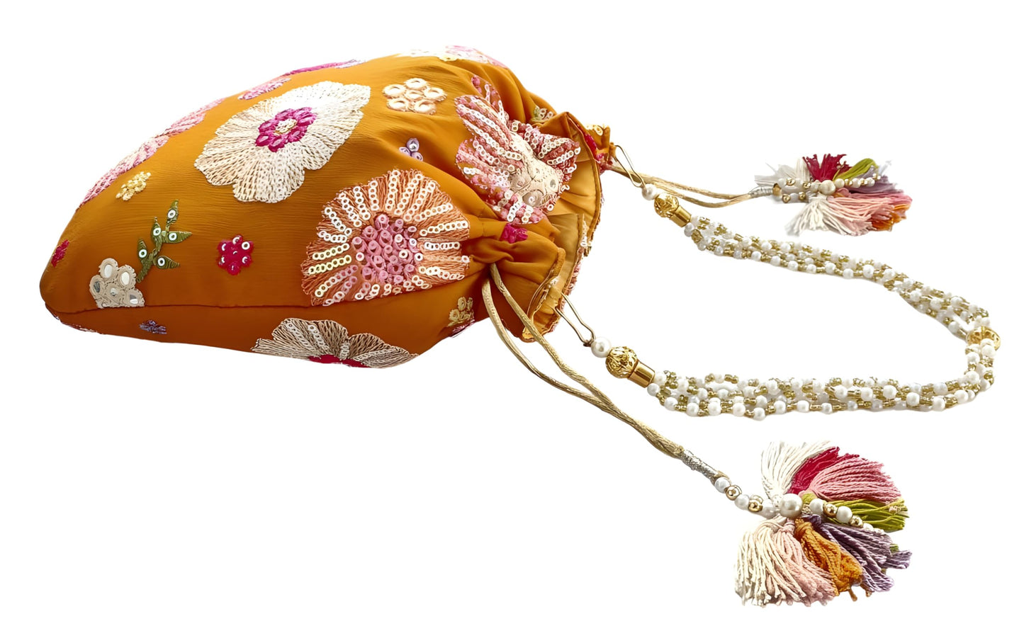 DUCHESS Women's Embroidered Polti Bag with Pearl Handle and Tassel - Bridal Ethnic Traditional Casual Purse/Clutch/Handbag, (21 L X 2 W X 23 H C, Mustard Yellow)