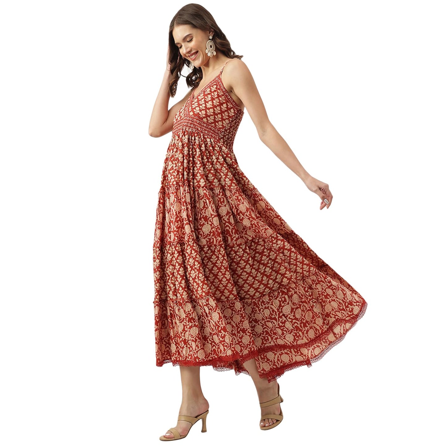 Divena Maroon Floral Printed Cotton Tiered Dress
