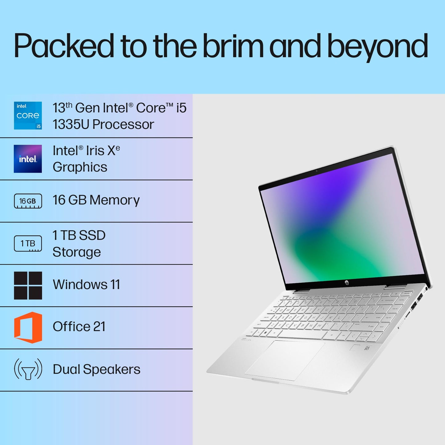 HP Pavilion x360, 13th Gen Intel Core i5-1335U, 14-inch (35.6 cm), FHD, Touchscreen, 16GB DDR4, 1TB SSD, FPR, 5 MP Camera, Backlit KB, Audio by B&O, Pen (Win 11, MSO 2021, Silver, 1.51 kg), ek1010TU