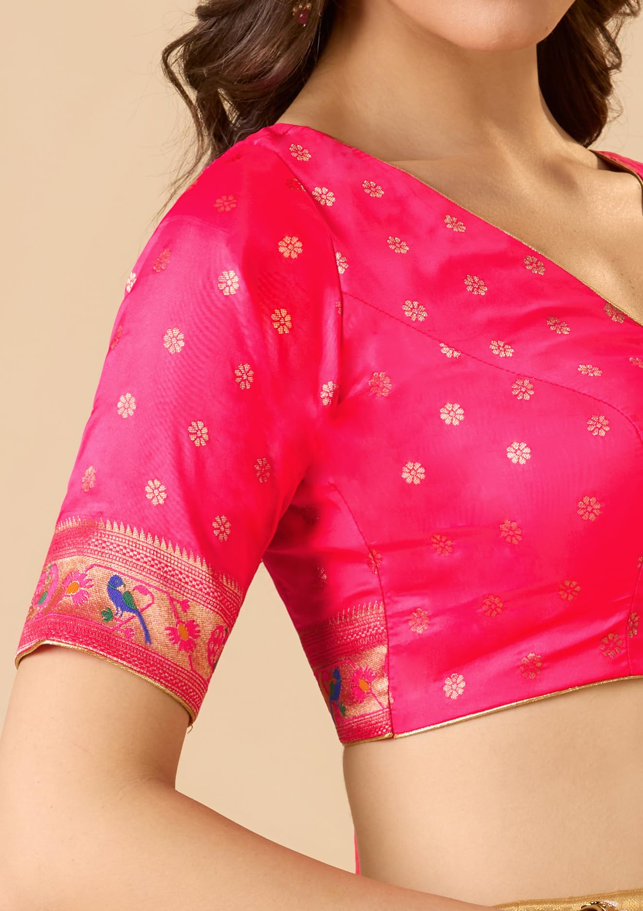 S SALWAR STUDIO Pink Paithani Silk V Neck Readymade Blouse
