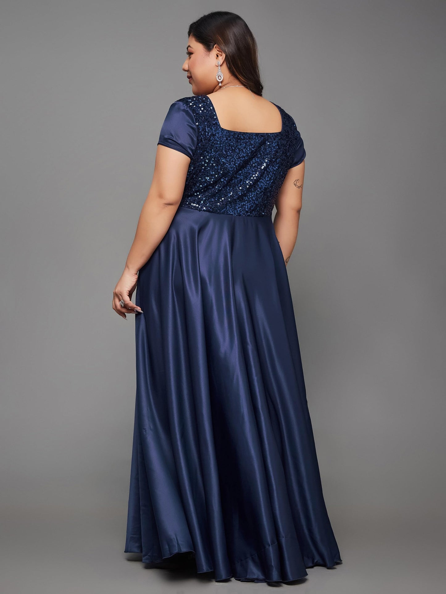 Miss Chase A+ Women's Square Neck Short Sleeve Embellished Polyester Fit & Flare Maxi Dress with Pockets (APSS23D06-60-71-06, Navy Blue, XL)