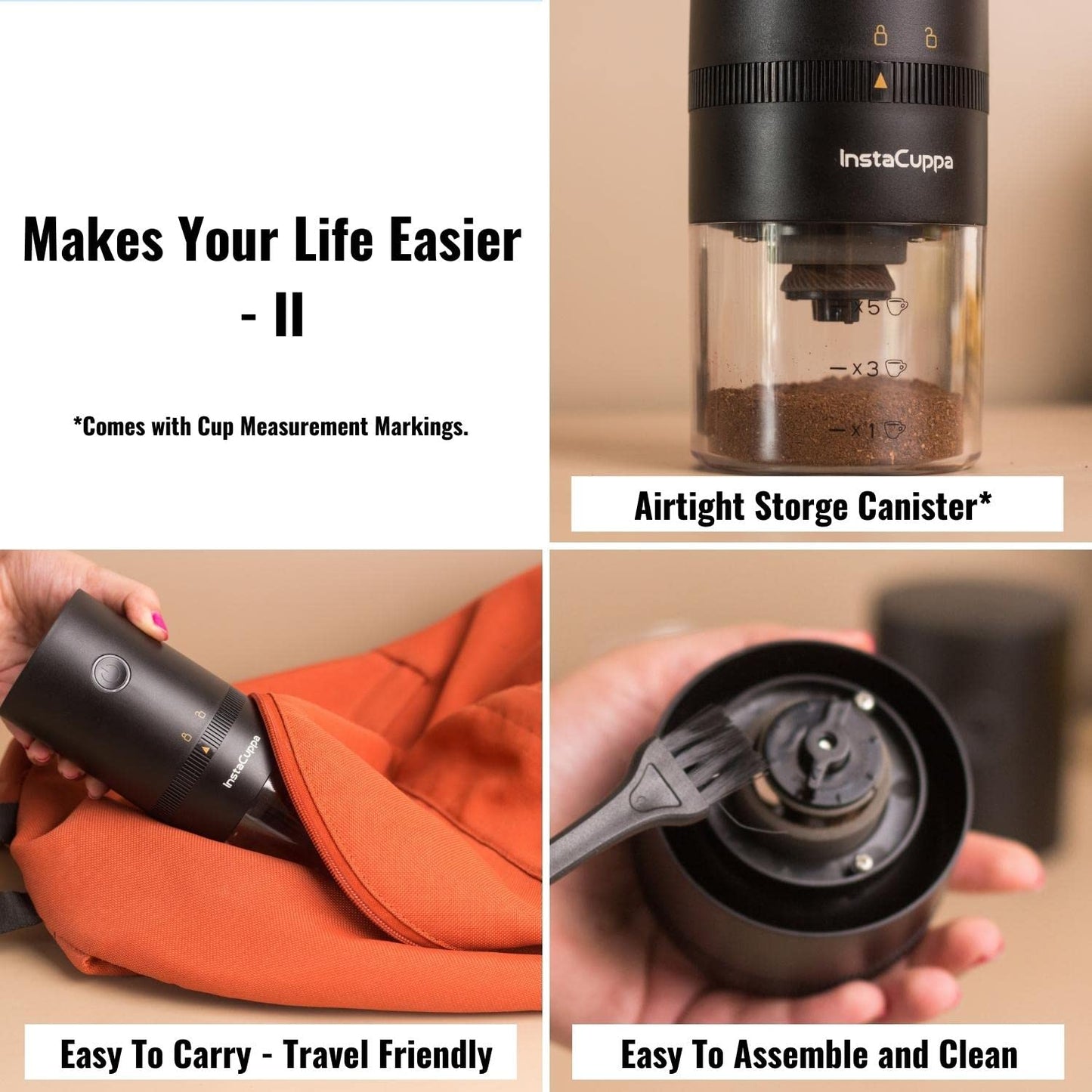 InstaCuppa USB Rechargeable Coffee Grinder for Busy Moms | 5 Adjustable Grind Settings | Ceramic Burr | 1250 mAh Battery | 25g Bean Capacity | Transparent Canister | Travel-Friendly & Easy to Clean