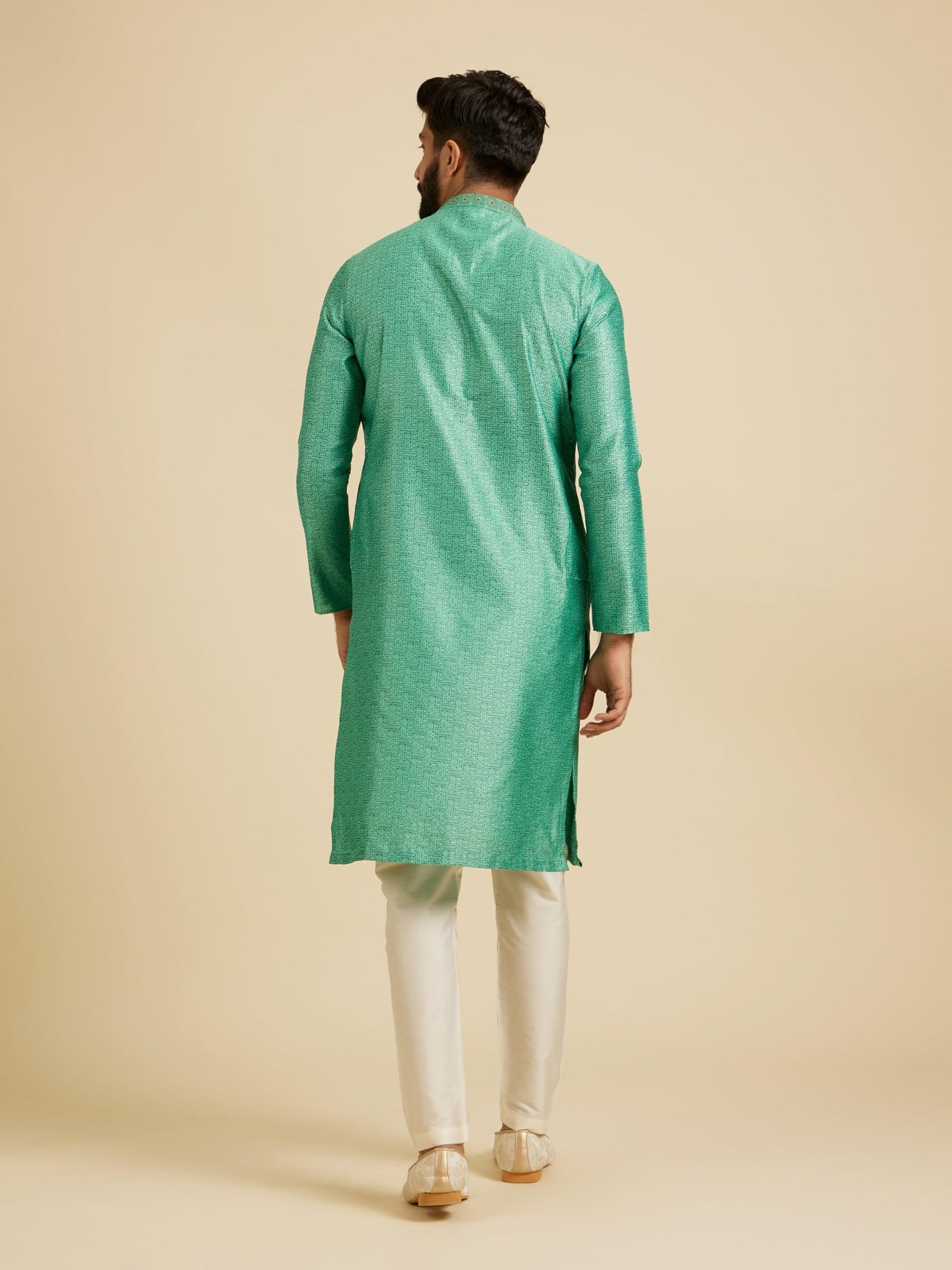 Manyavar Men's Art Silk Intricate Prints & Neck Detailing Kurta Pyjama Set (Green,L)