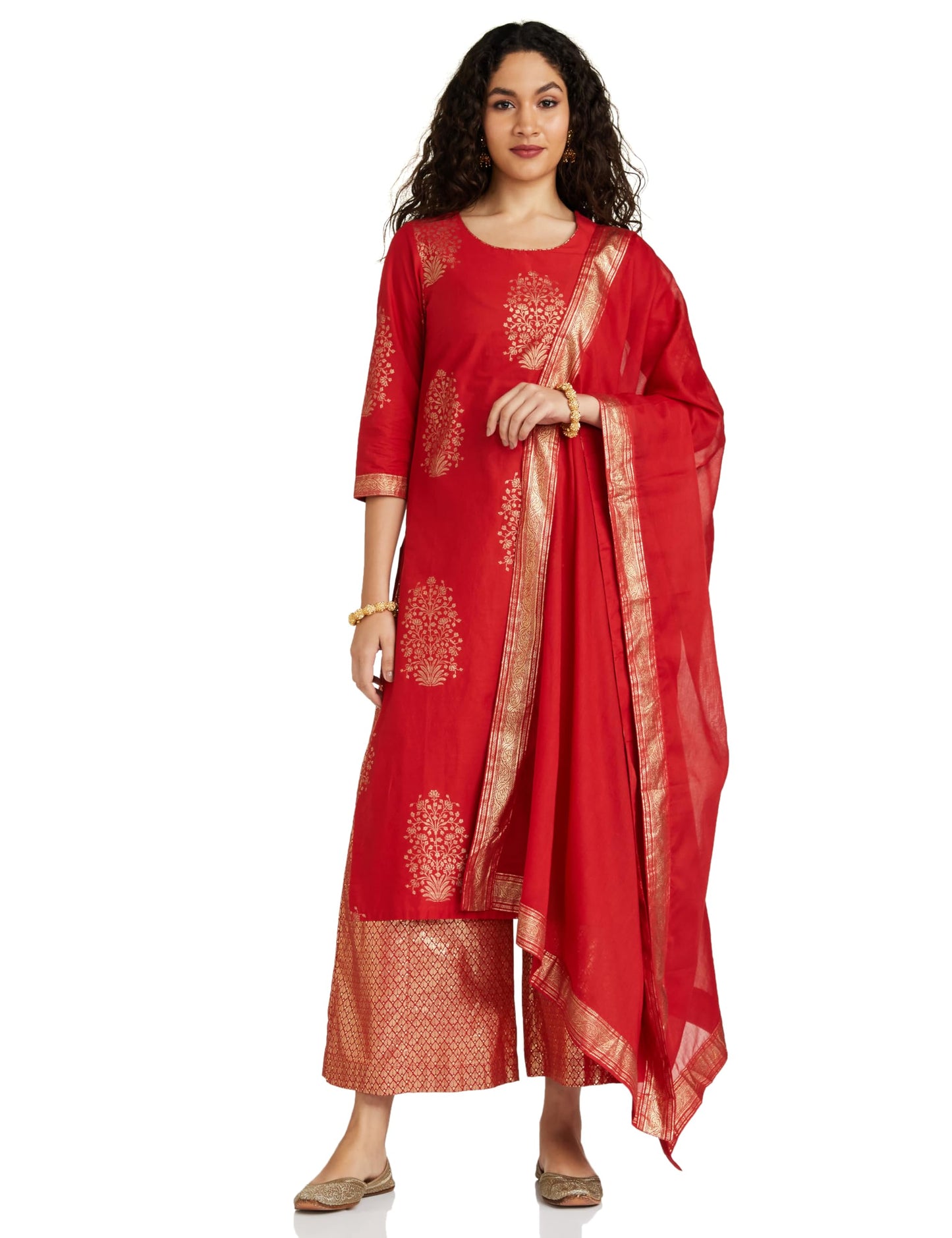 BIBA Cotton Women Printed Relaxed Salwar Kurta Dupatta(Skd7074_Red_34)