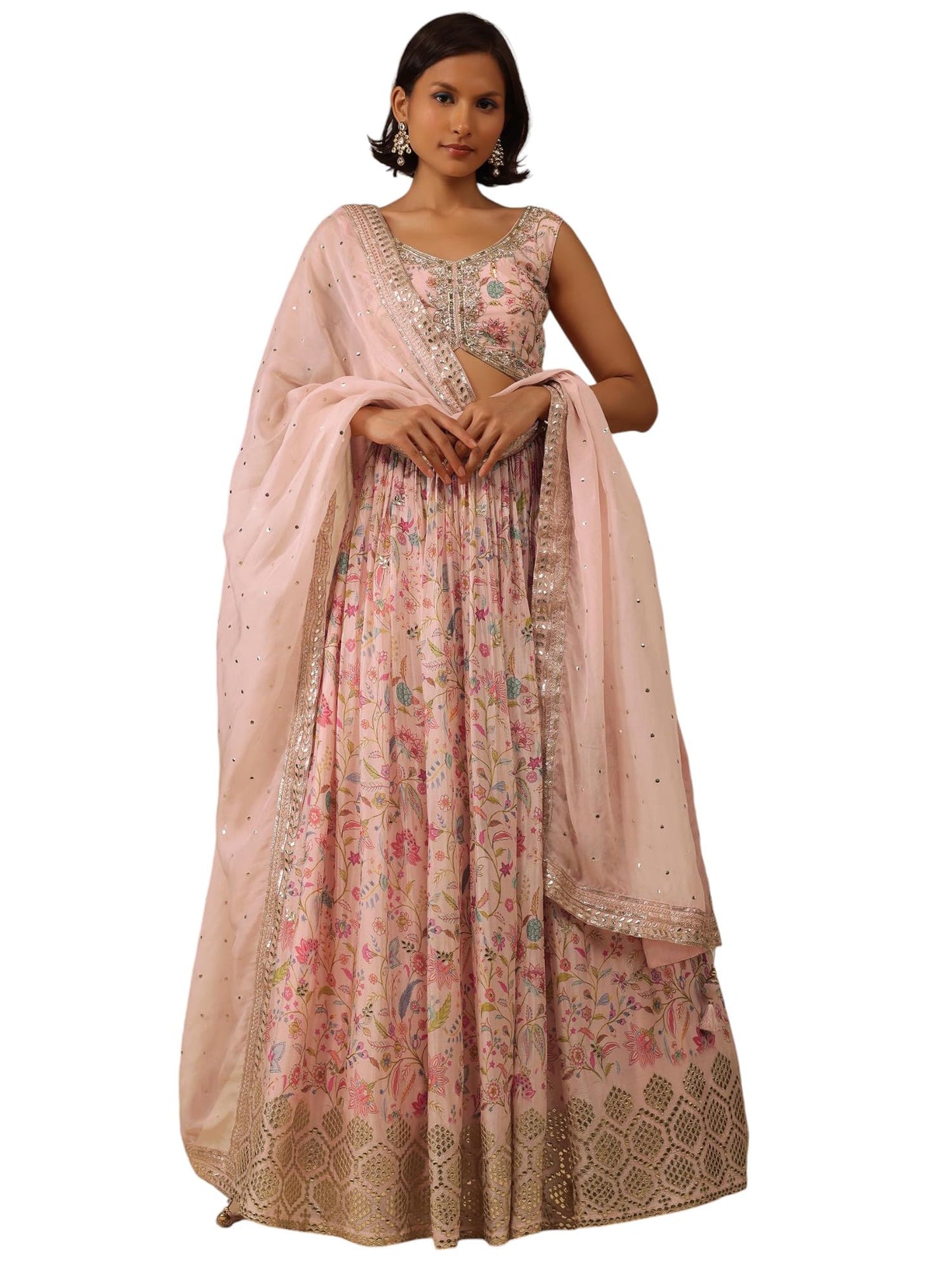 Zeel Clothing Women's Digital Print With Embroidered Organza Readymade Lehenga Choli With Dupatta (5104-Peach-Women-Lehenga-Choli-Latest, Free Size), Beige