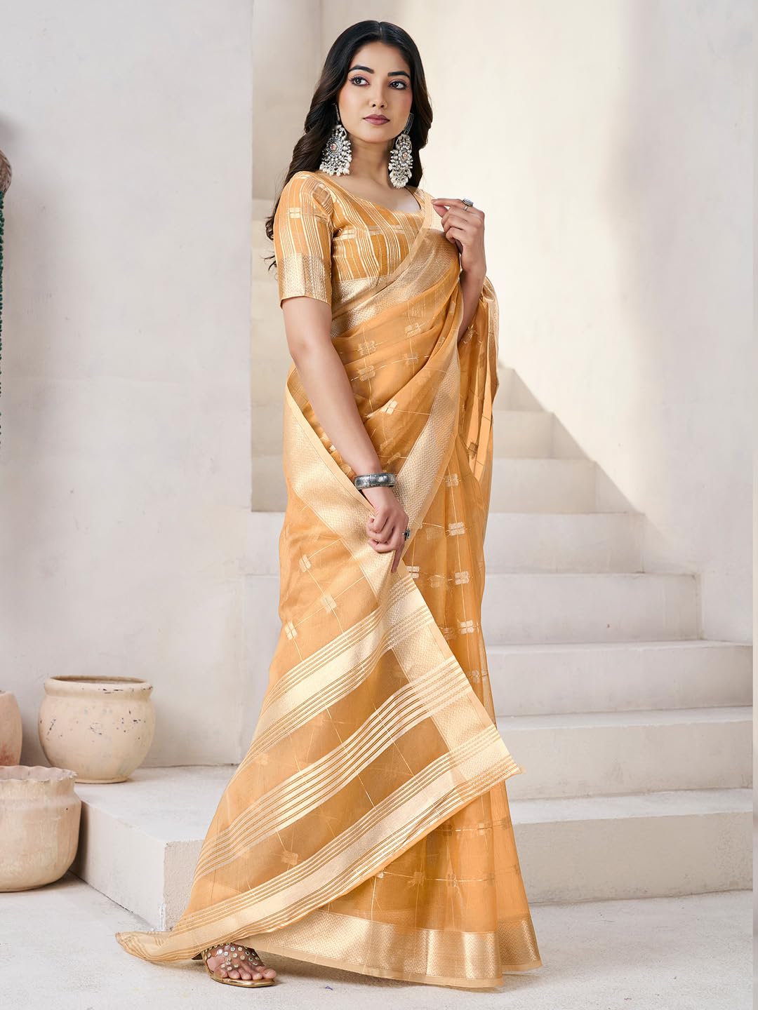 AKHILAM Women's Yellow Linen Zari butta Woven Design Saree With Unstitched Blouse Piece | saree for woman | Designer Saree for Women | Soft and Skin Friendly (PRERNA2204_SF)