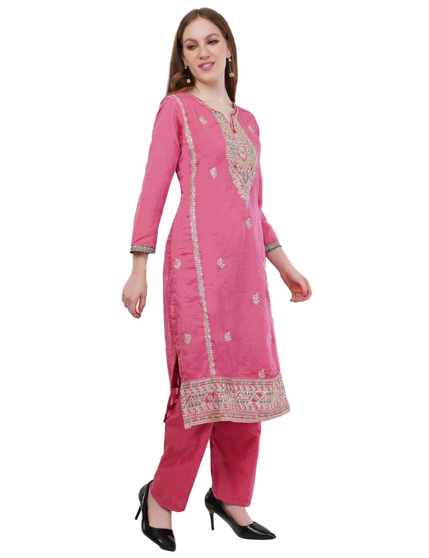 dhartii Vichitra Silk Suit Set for Women | Multi Thread & Zari Embroidery Stitch | 3- Piece Dress with Mix Colour Dupatta