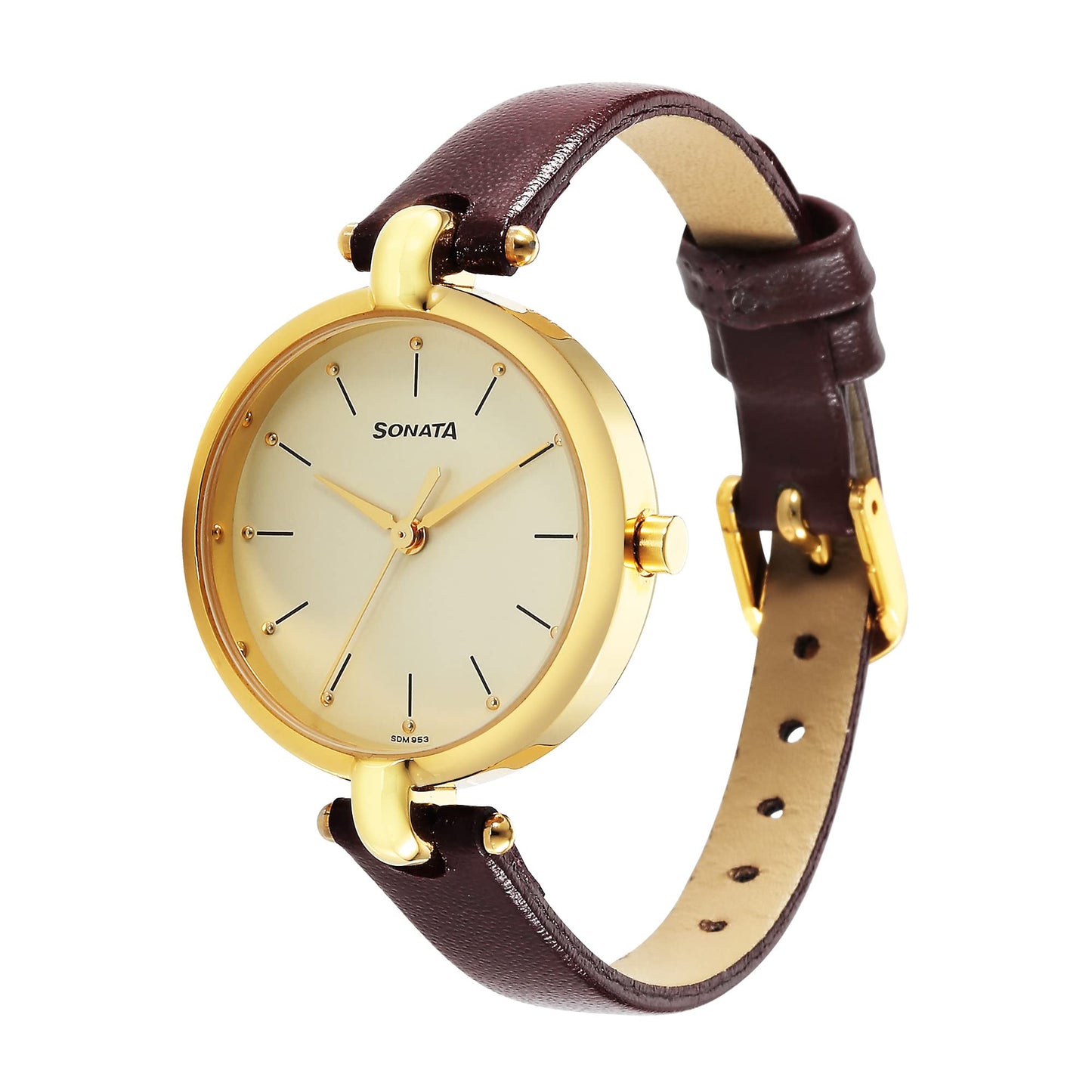 Sonata Gold Edit Quartz Analog Champagne Dial Brown Leather Strap Watch for Women - NR87043YL02W
