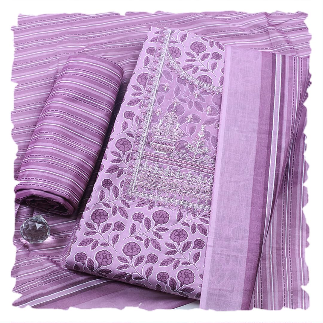 Meena Bazaar Purple Printed Cotton Blend Unstitched Suit With Pant & Dupatta
